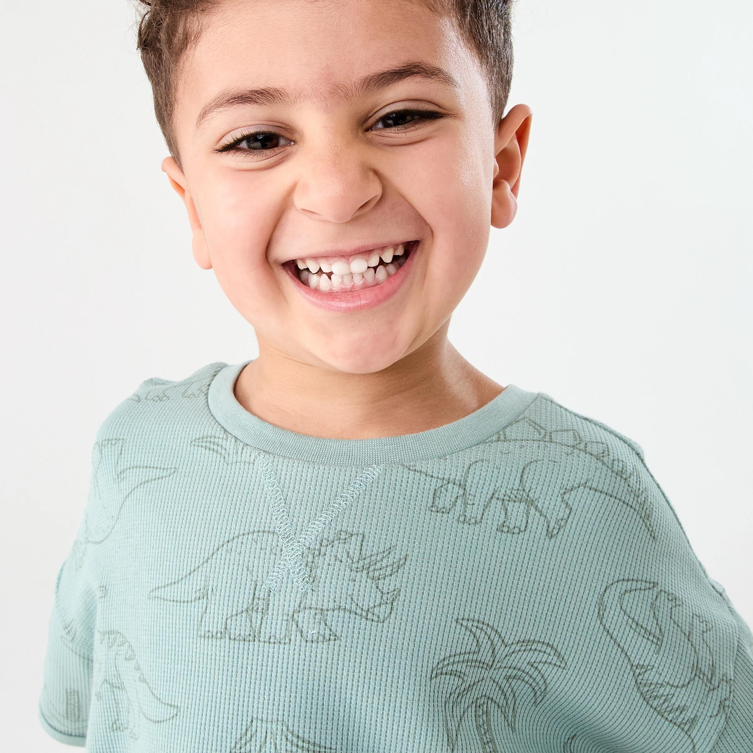 3 Short Sleeve Waffle Pyjama Set GREEN DINOS, 3 of 7