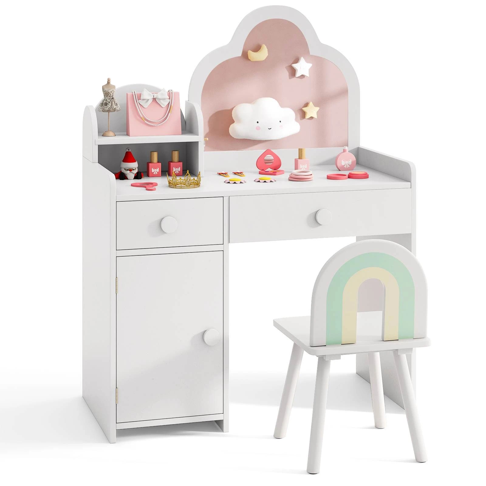 1 Costway 2-in-1 Mirror Vanity Set w/Detachable Top Princess Makeup Table Stool - White, 1 of 2