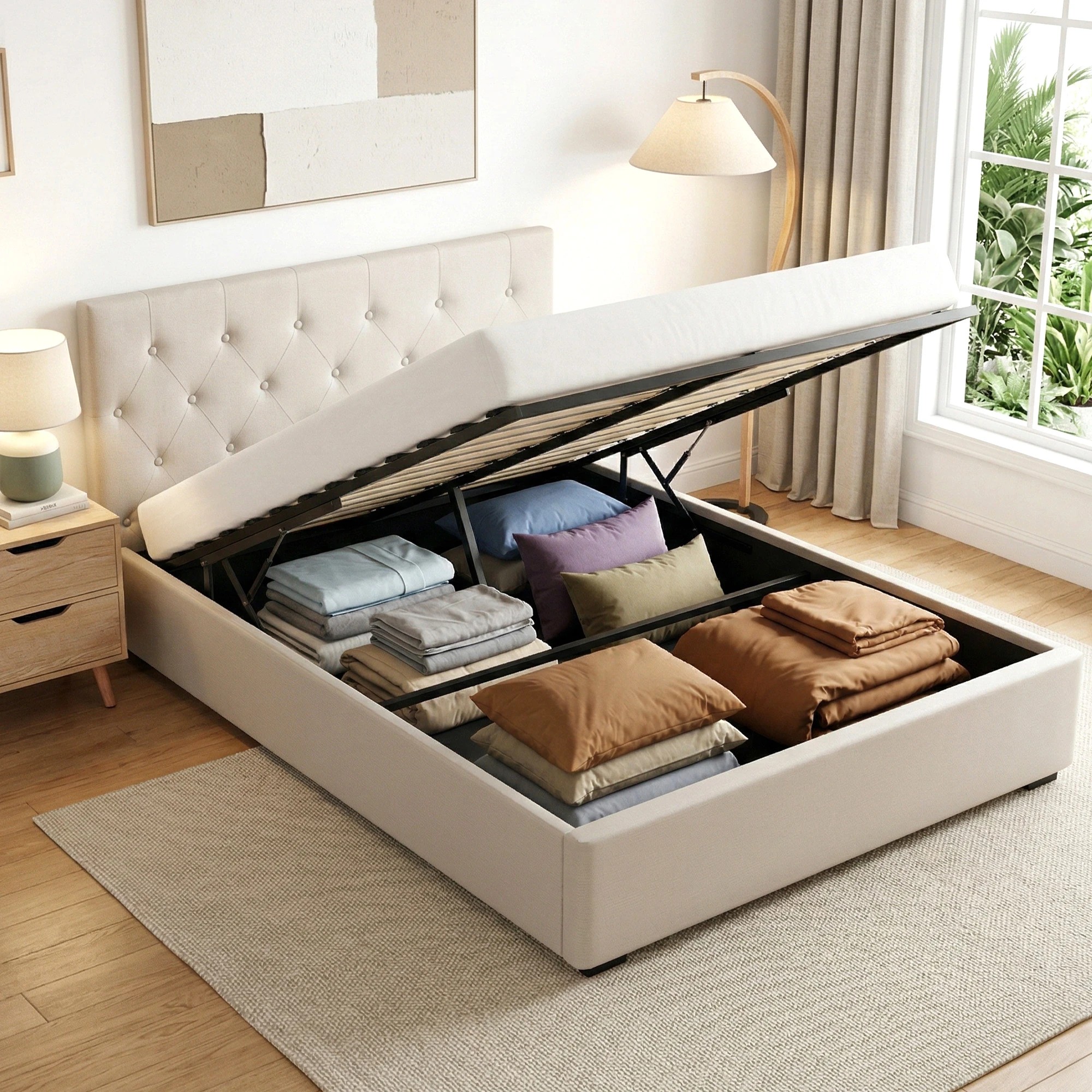 4 Artiss Double Bed Frame with Storage and Bedside Table Set Tufted Gas Lift Bed Base and 2-Drawer Nightstand - Multi, 4 of 8
