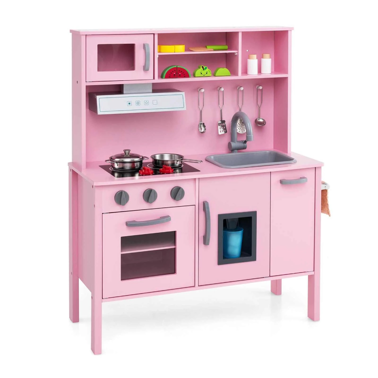 1 Costway Kitchen Playset Wooden Pretend Play Kitchen w/Ice Maker - Pink, 1 of 1