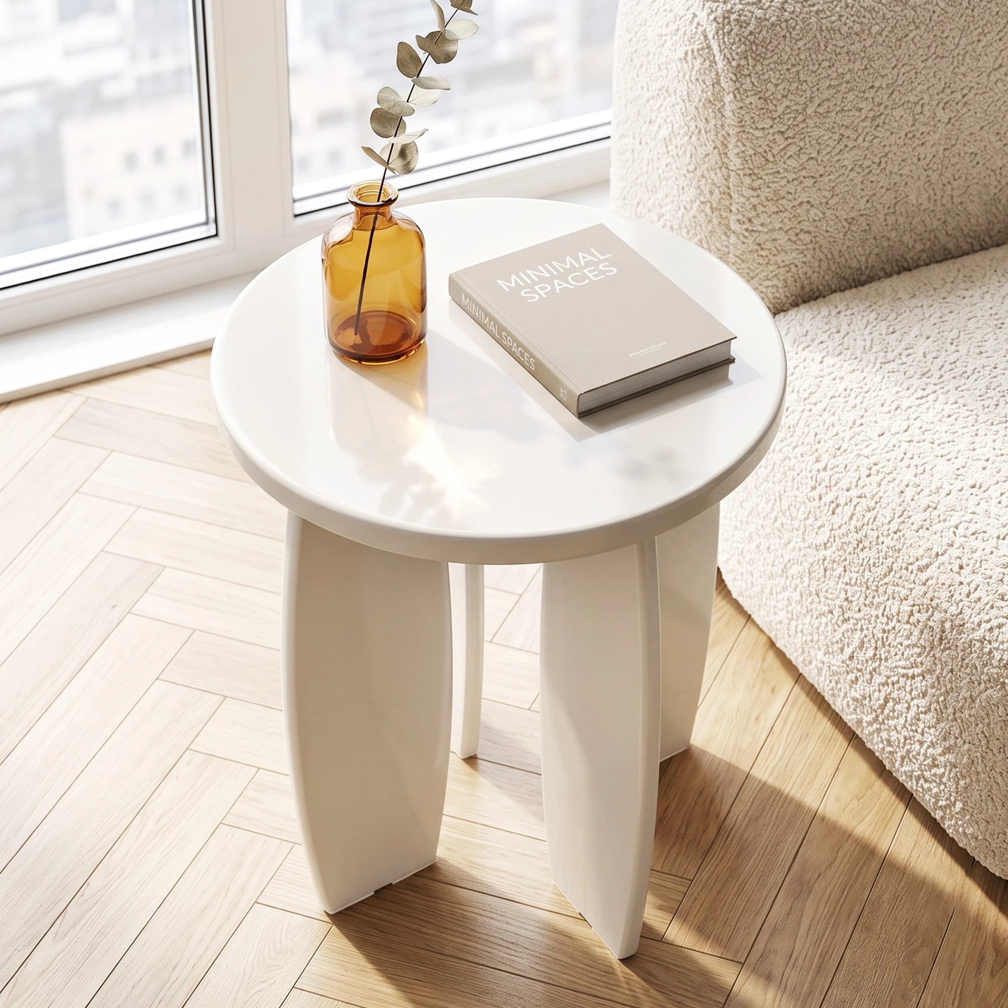 5 Artiss Round End Table High-Gloss Small Coffee Table Side Bedside Nightstand 40x45cm Cream white - White, 5 of 9