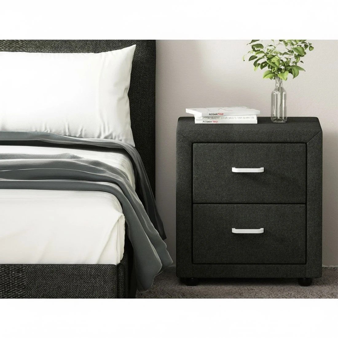 3 Artiss Bedside Table 2 Drawers Fabric - CADEN - Charcoal, 3 of 6