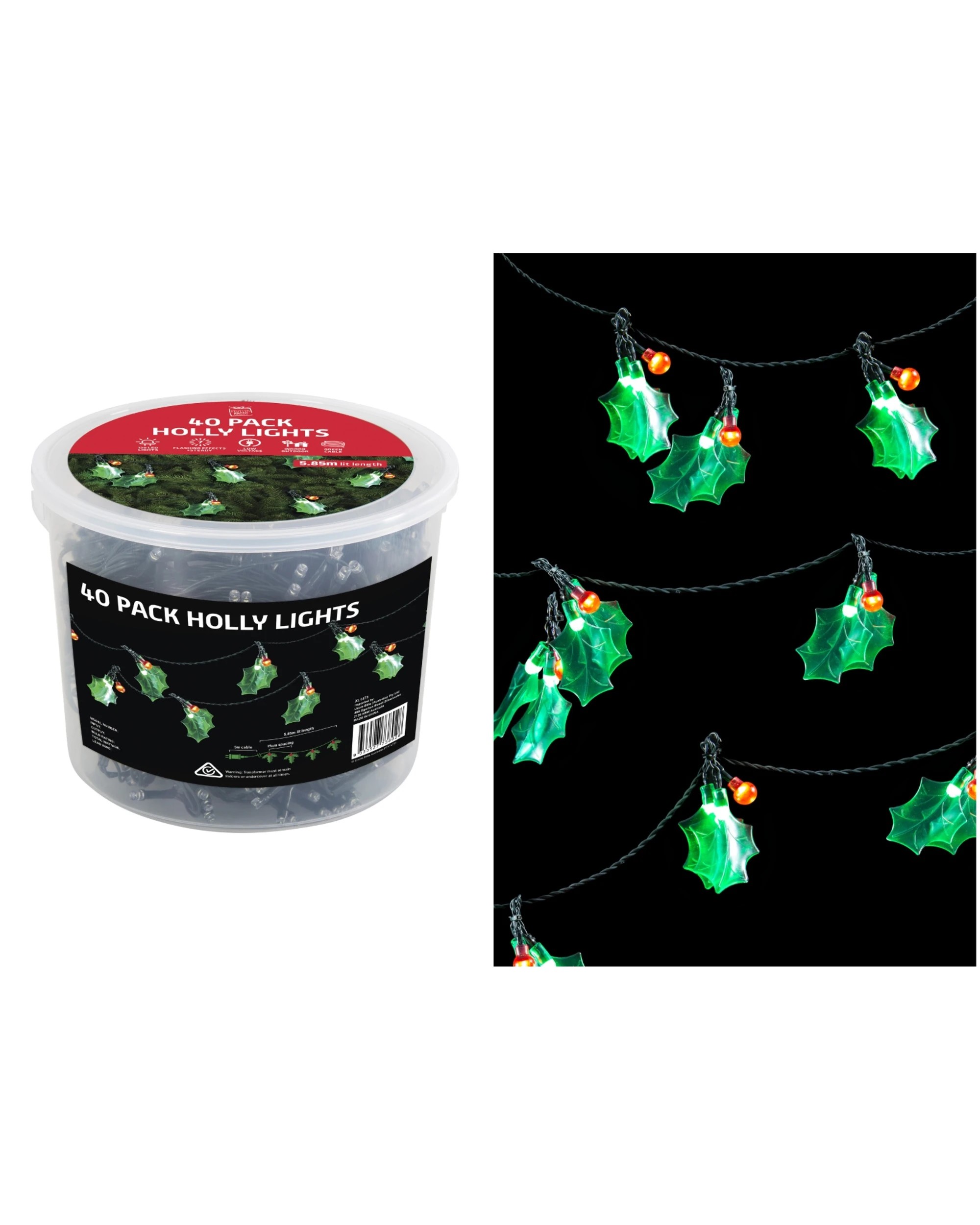 1 Uncle Bills 40 Christmas Tree Holly Leaf LED Lights 5.85m - Green, 1 of 3