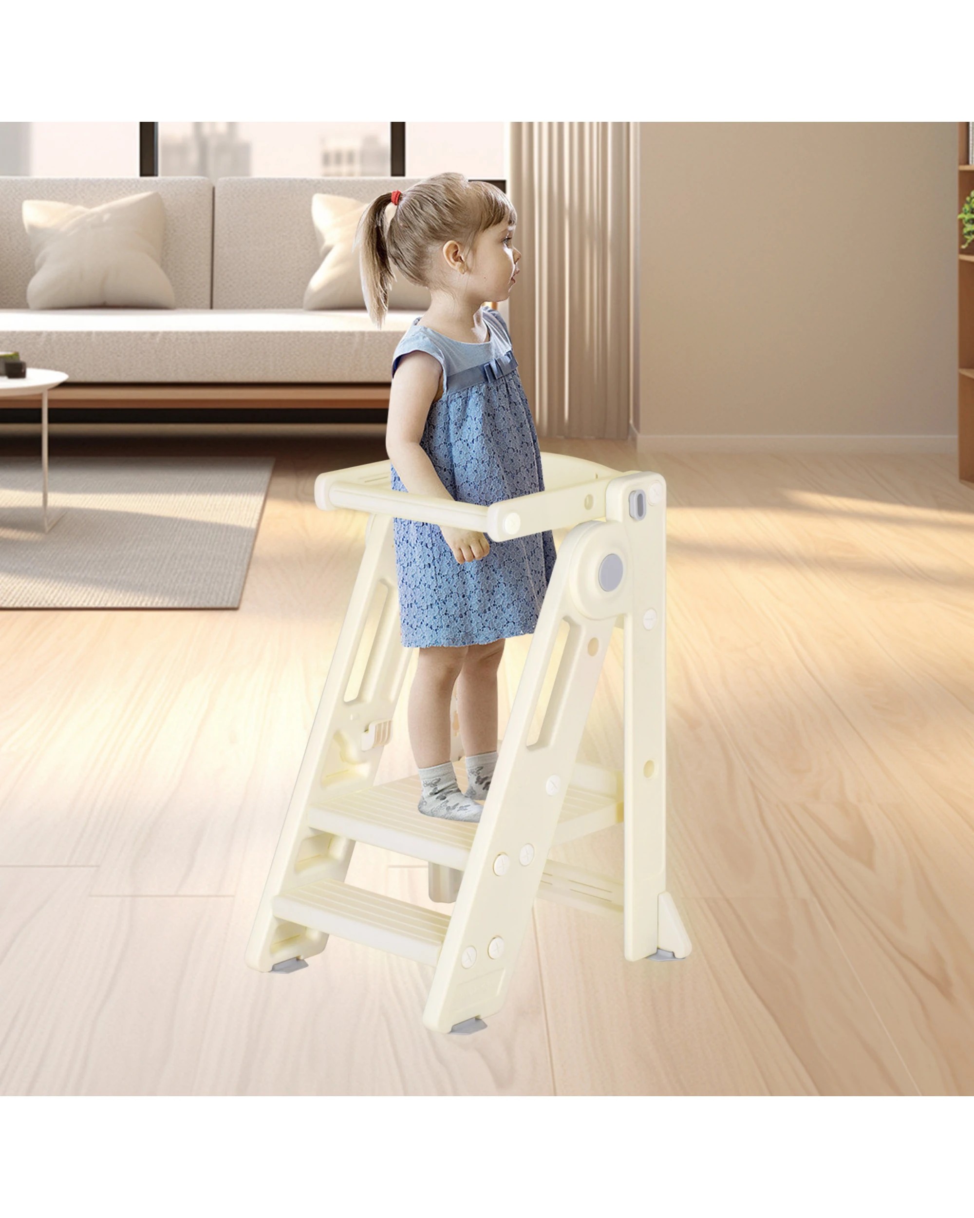 2 Advwin Foldable Kids Step Stool Adjustable Standing Tower Kitchen Helper with Safety Rail, 2 of 10