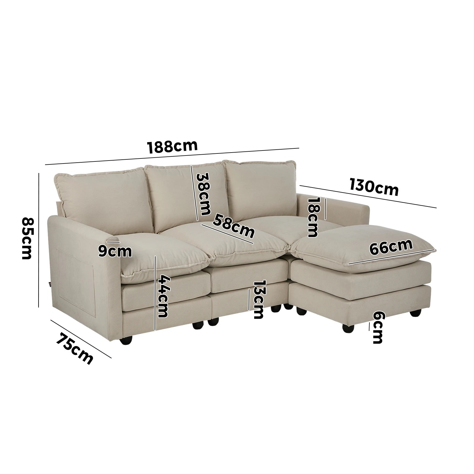 2 Oikiture Sofa Ottoman Set Modular Couch Lounge - Beige, 2 of 10