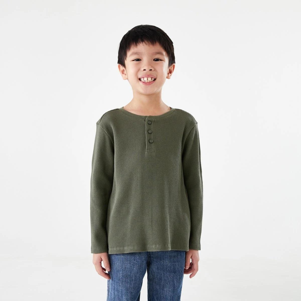 1 Waffle Henley Long Sleeve T-shirt Army, 1 of 8