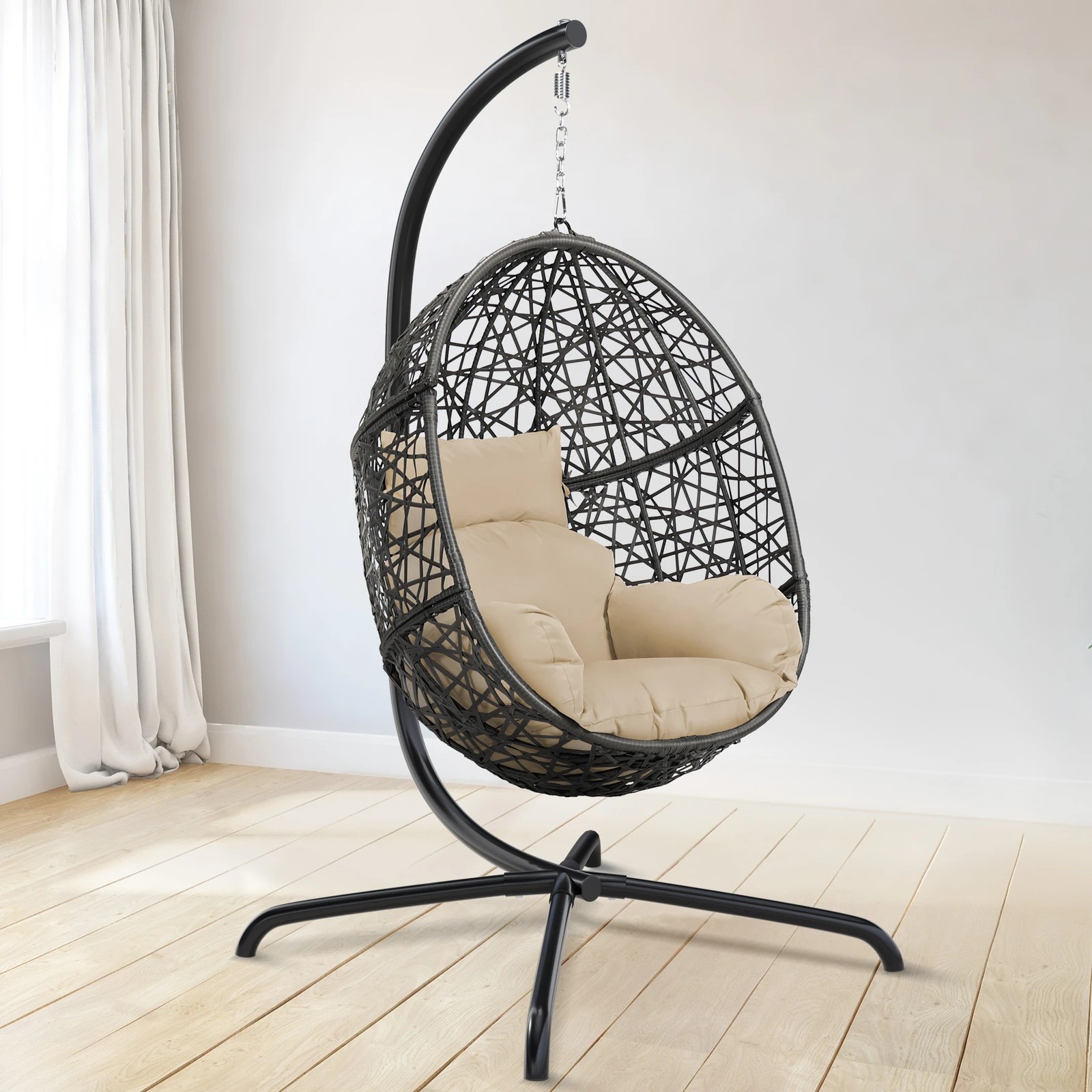 4 Alfordson Outdoor Egg Swing Chair Wicker Rattan Pod Basket Hanging Seat - Beige, 4 of 10