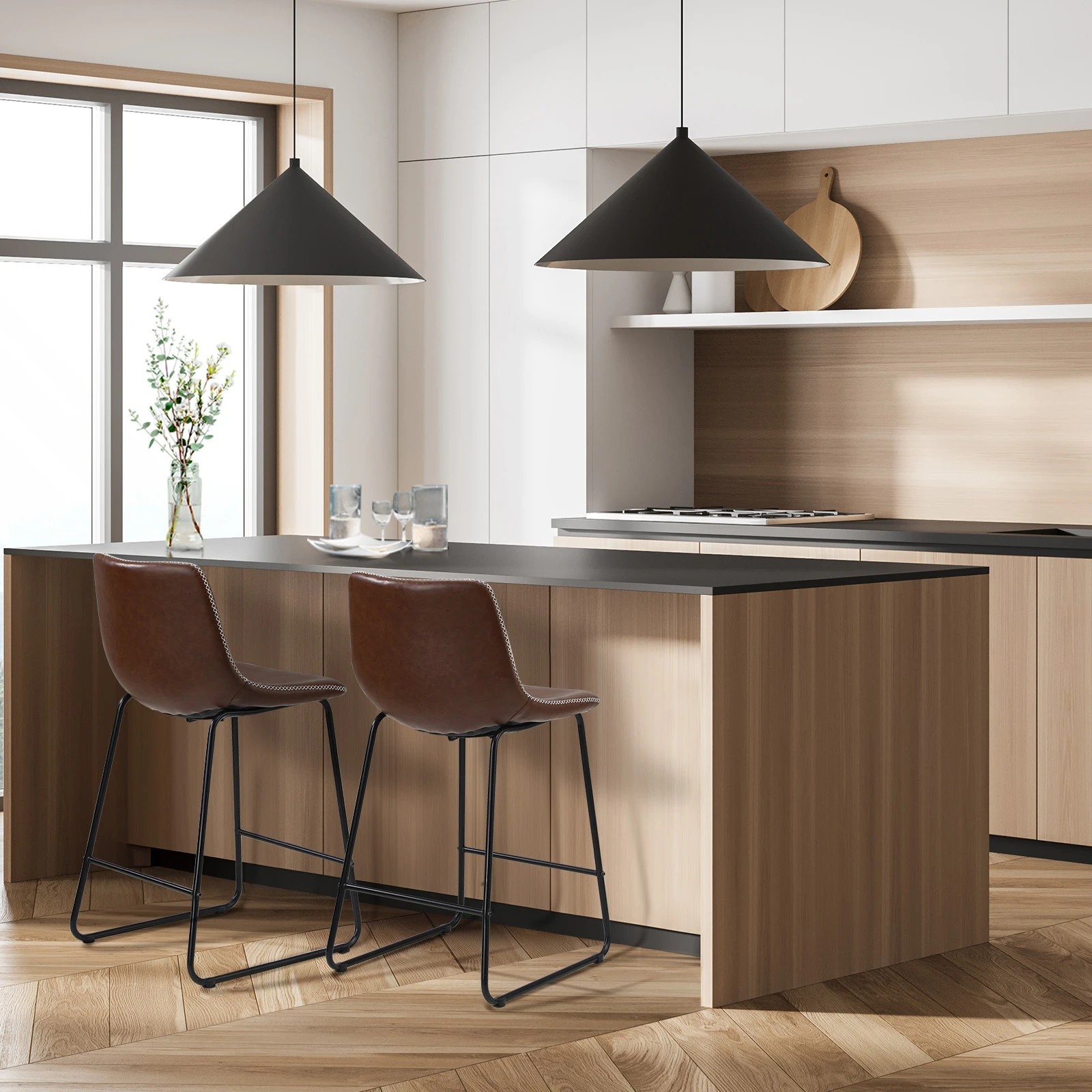 3 Oikiture 2x Bar Stools Kitchen Dining Chairs Leather Padded Stool
 - Brown, 3 of 10