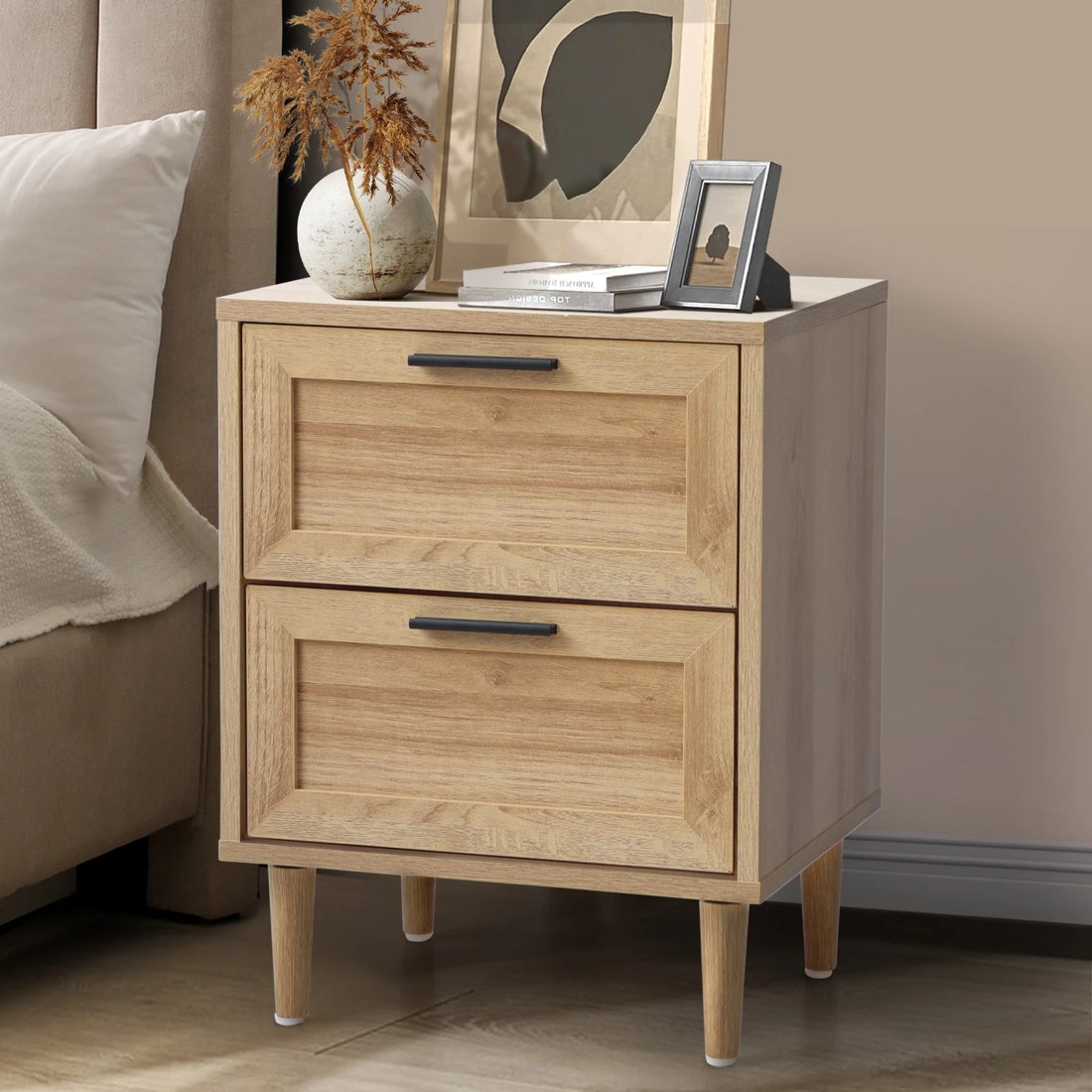 1 Oikiture Bedside Table Nightstand 2 Drawers Side End Table Storage
 - Natural, 1 of 7
