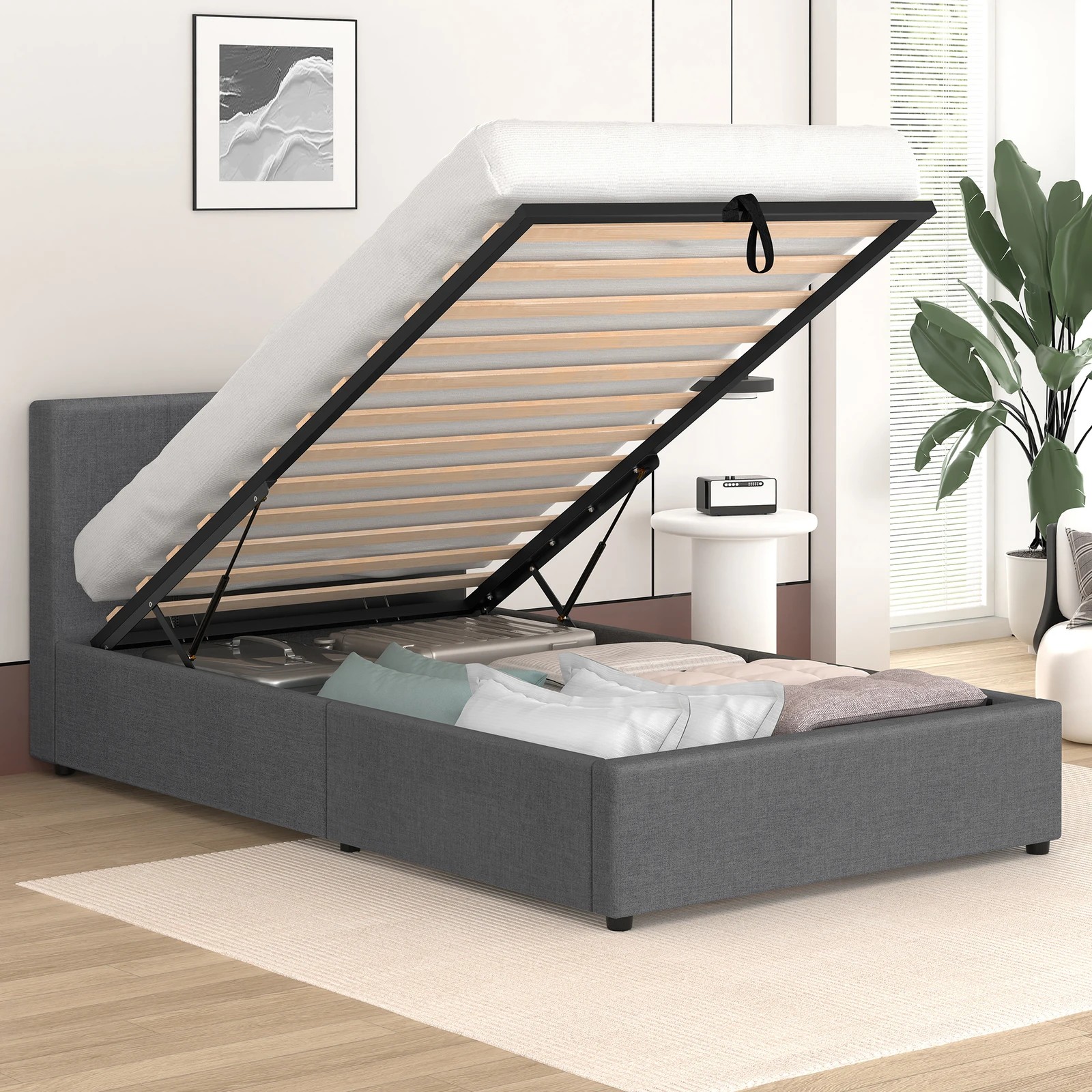 4 Alfordson Bed Frame Single Size Gas Lift Storage Base Fabric Tricia - Grey, 4 of 10