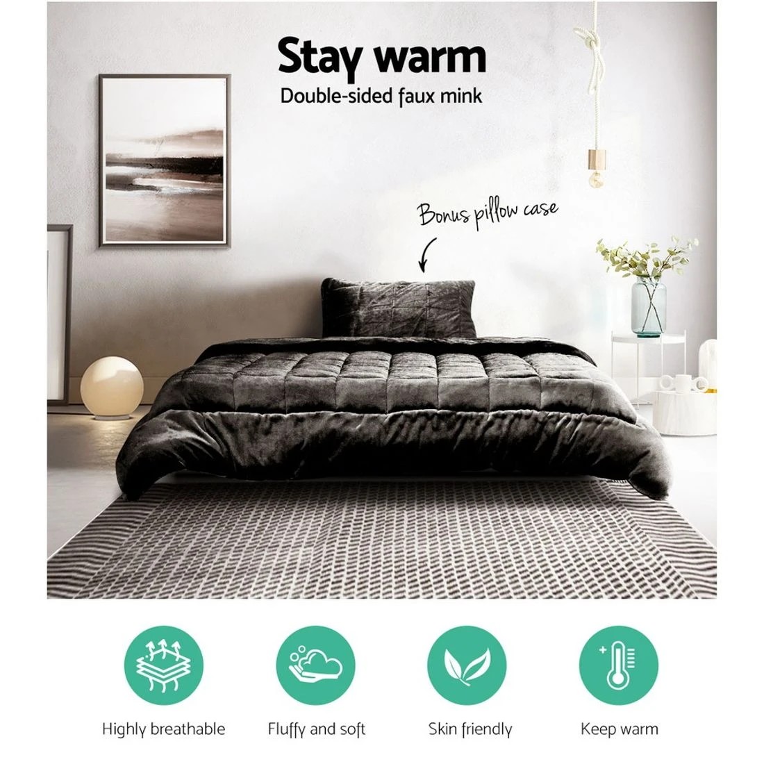 4 Giselle Bedding Faux Mink Quilt Charcoal Single - Single Bed - Charcoal, 4 of 8