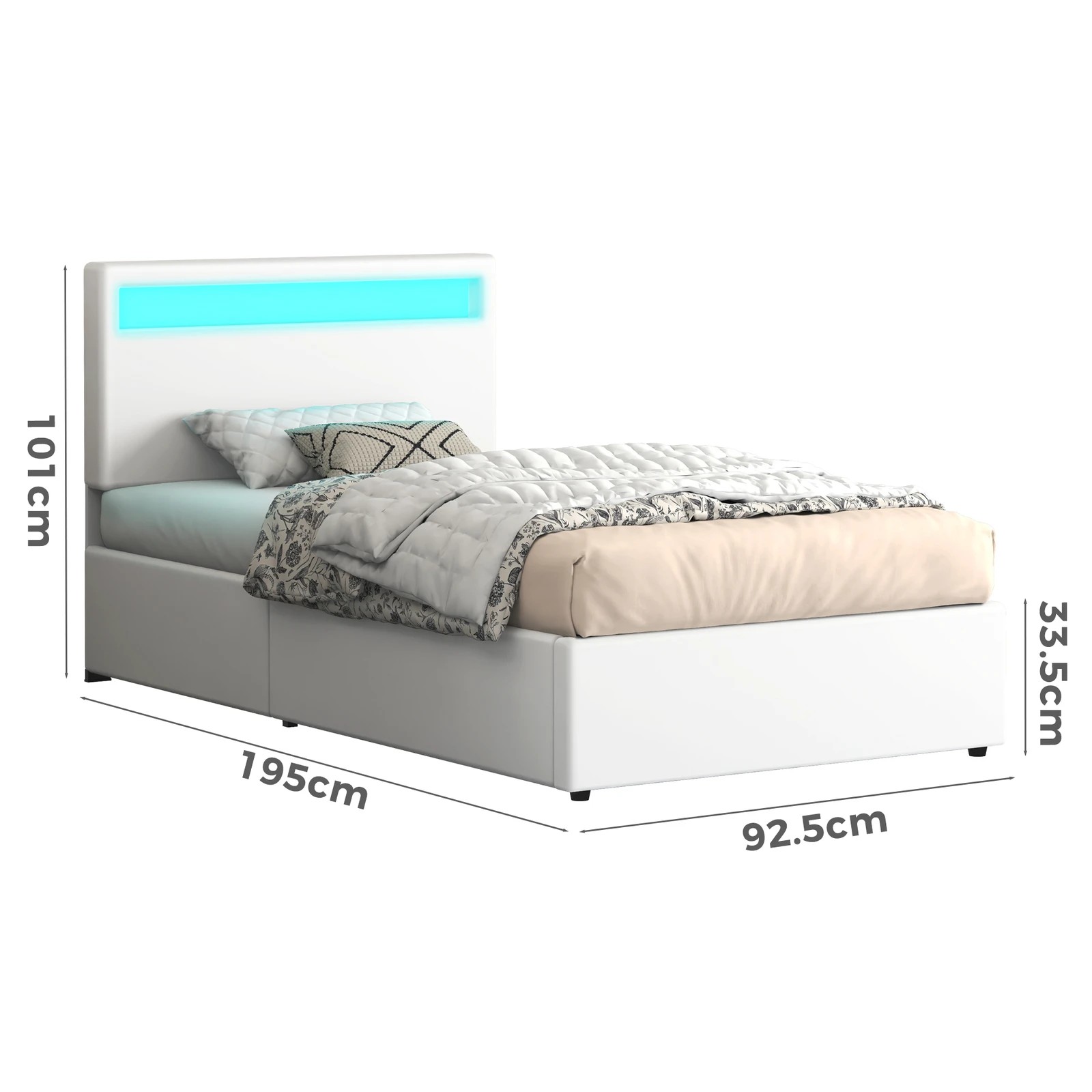 9 Alfordson Bed Frame Single Size RGB LED Gas Lift Storage Base Luchino - White, 9 of 10