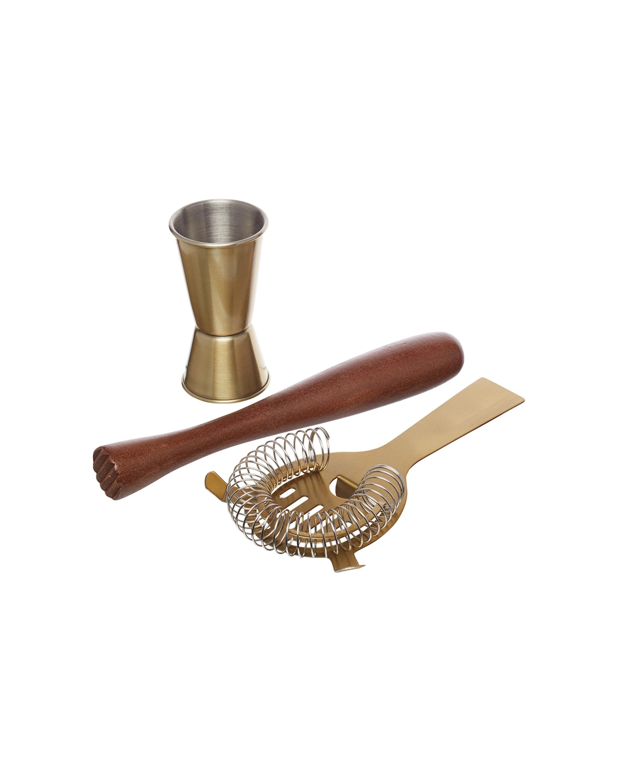 2 BarCraft 2PK Cocktail Set Jigger Strainer Wooden Muddler - Gold, 2 of 3