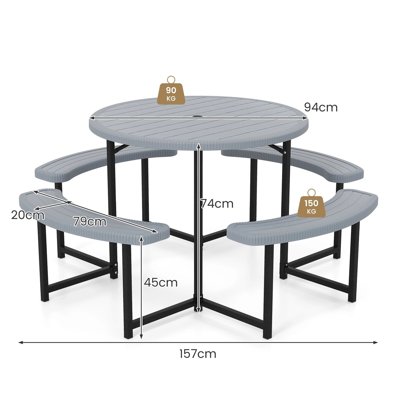 2 Costway 95cm Round Picnic Table Bench Set w/Umbrella Hole Patio Outdoor Dining Table & Chairs - Grey, 2 of 3