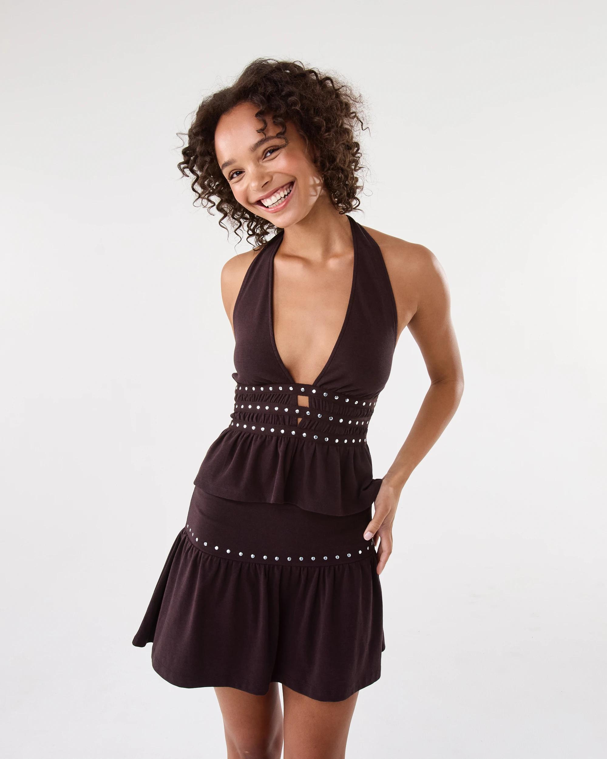 9 Studded Mini Jersey Skirt Choc Plum, 9 of 9