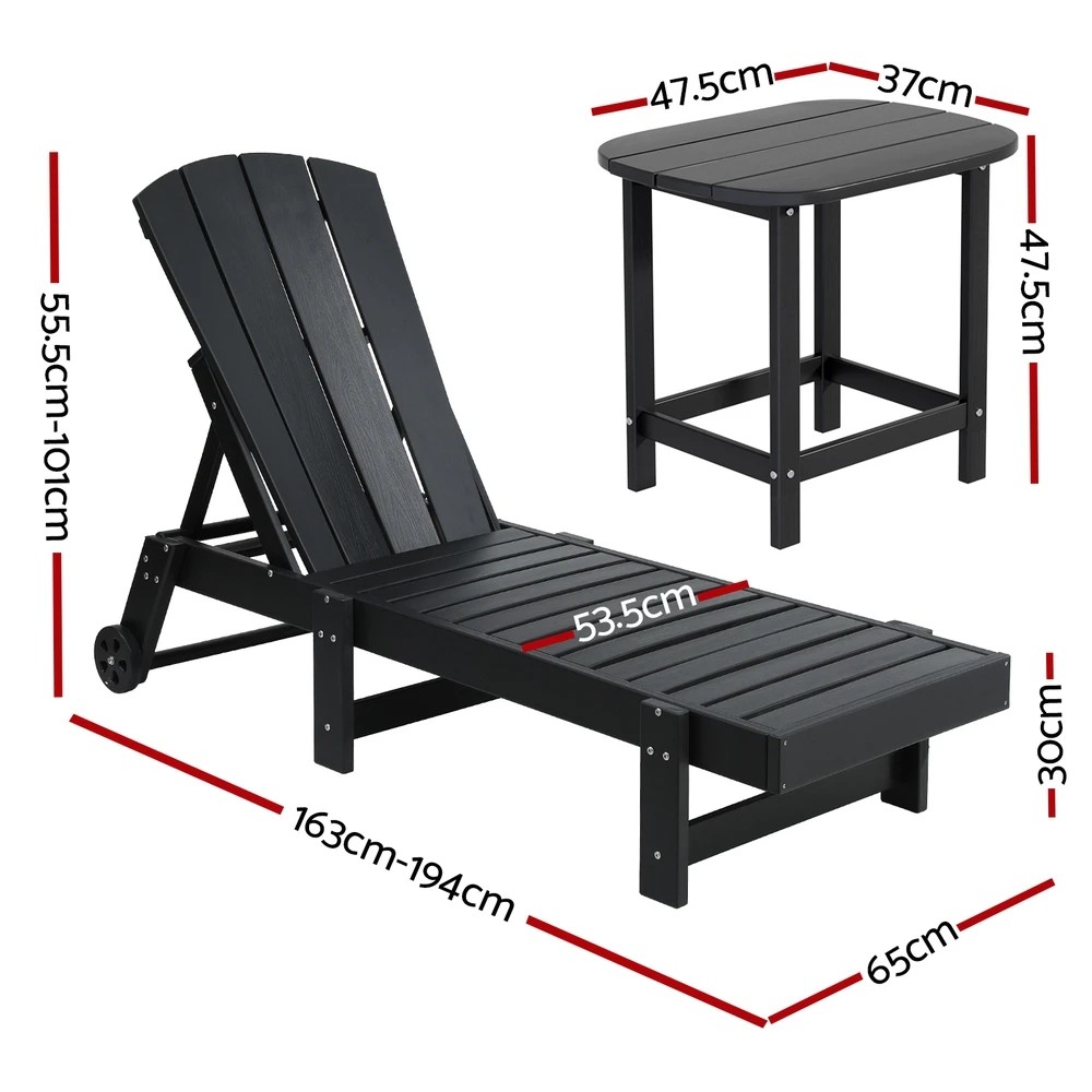 2 Gardeon Sun Lounge Lounger Table and Chairs Beach Chair HDPE Patio Outdoor Furniture - Black, 2 of 7