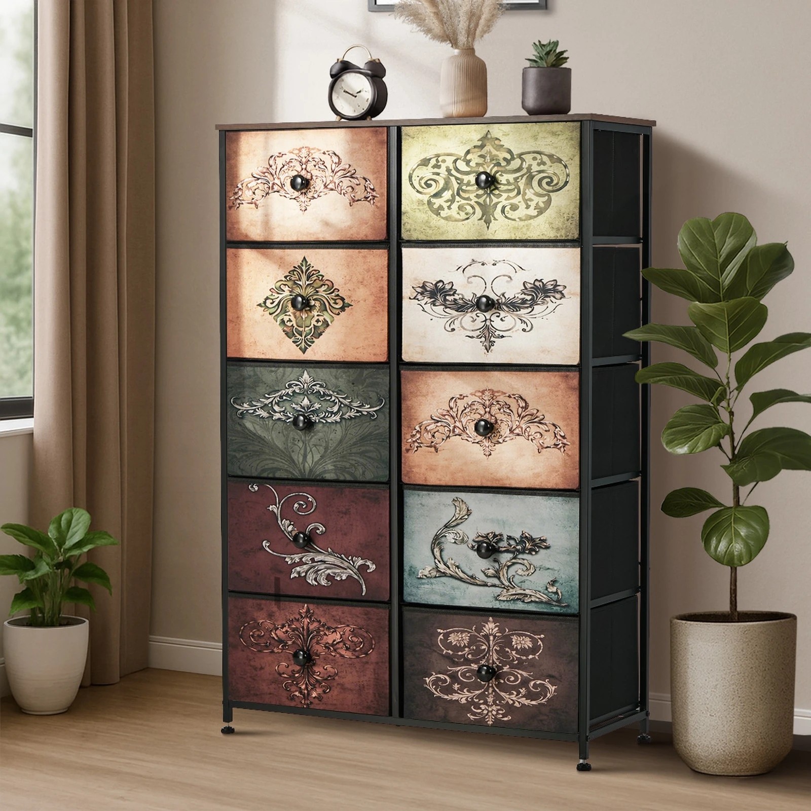 4 Oikiture 10 Chest Of Drawers Retro Tallboy Printed Foldable Fabric Drawers - Multi, 4 of 6