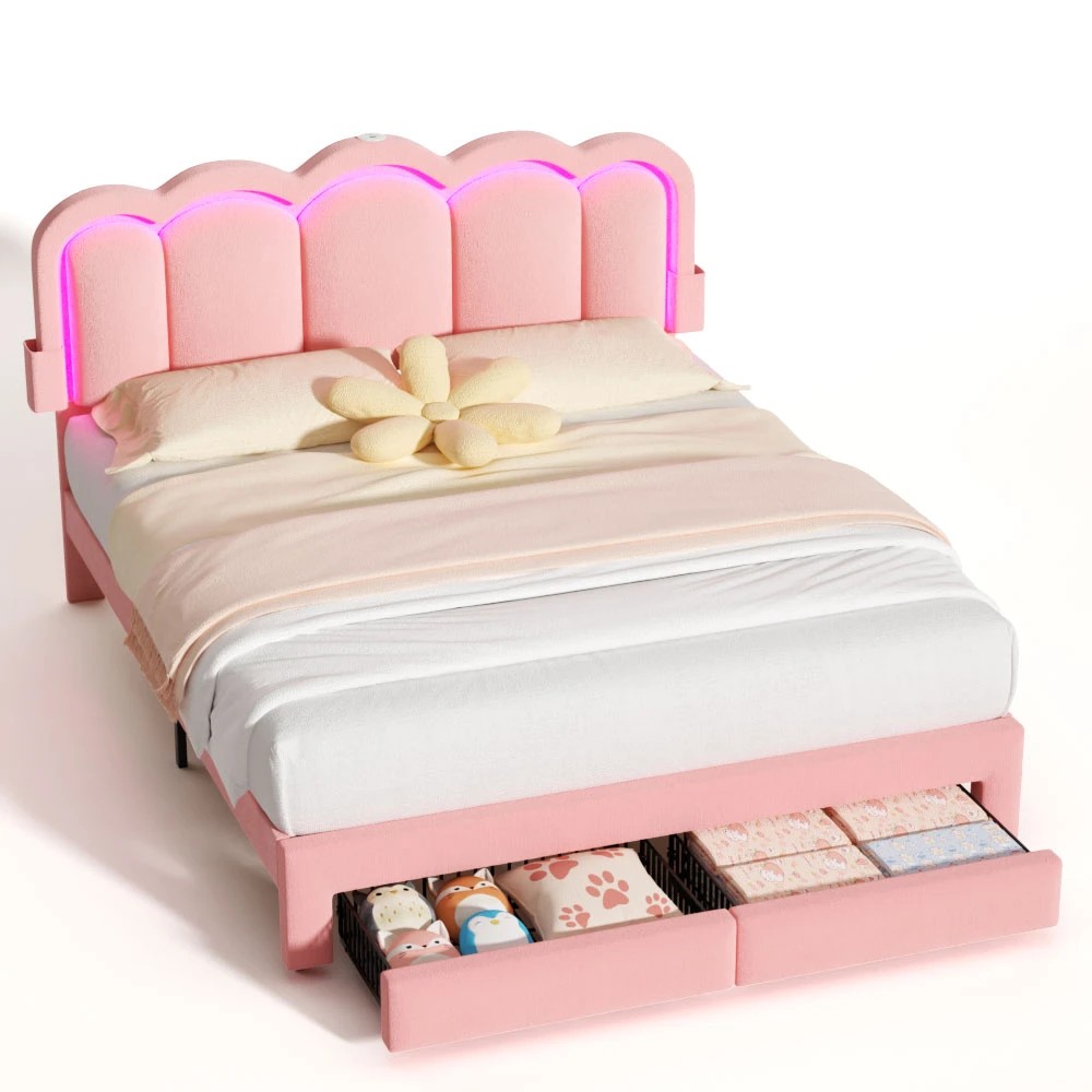 1 Advwin LED Bed Frame with Adjustable Headboard and 2 Storage Drawers USB Velvet Double - Pink, 1 of 8