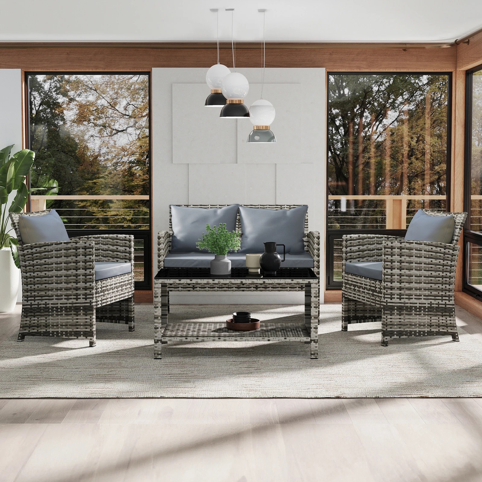 3 Alfordson Outdoor Furniture 4PCS Garden Patio Chairs Table Set Wicker With Pillow - Mixed Grey, 3 of 10