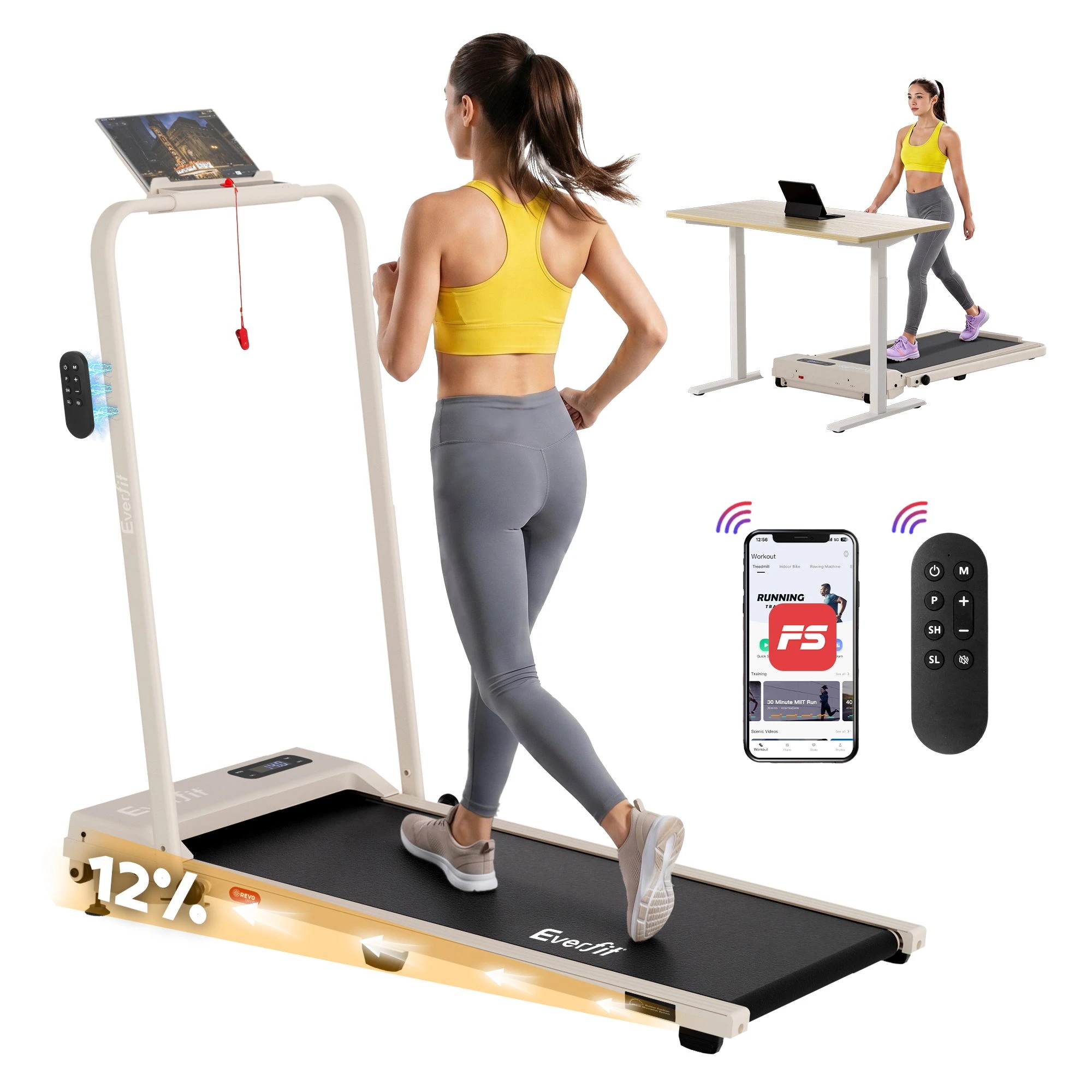 1 Everfit 3 in 1 Walking Pad Treadmill 12% Incline Under Desk Foldable for Home - Beige, 1 of 10