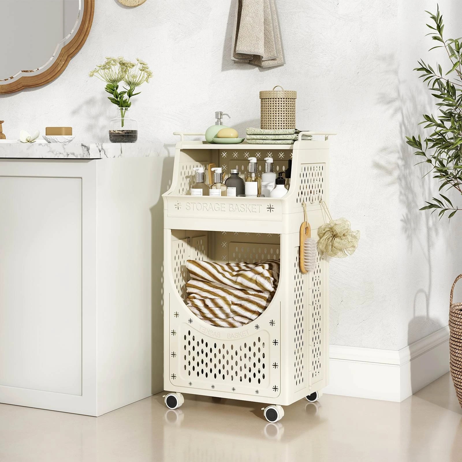 4 Costway 3-Tier 61L Laundry Cart Folding Hamper w/6 Hanging Hooks Utility Cart, 4 of 5