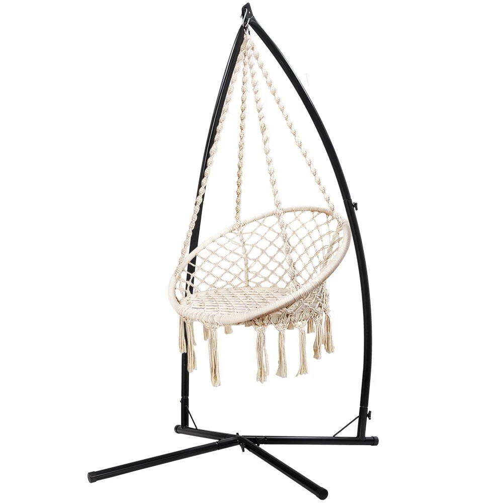 1 Gardeon Hammock Chair with Steel Stand Macrame Outdoor Swinging Cream - Multi, 1 of 6