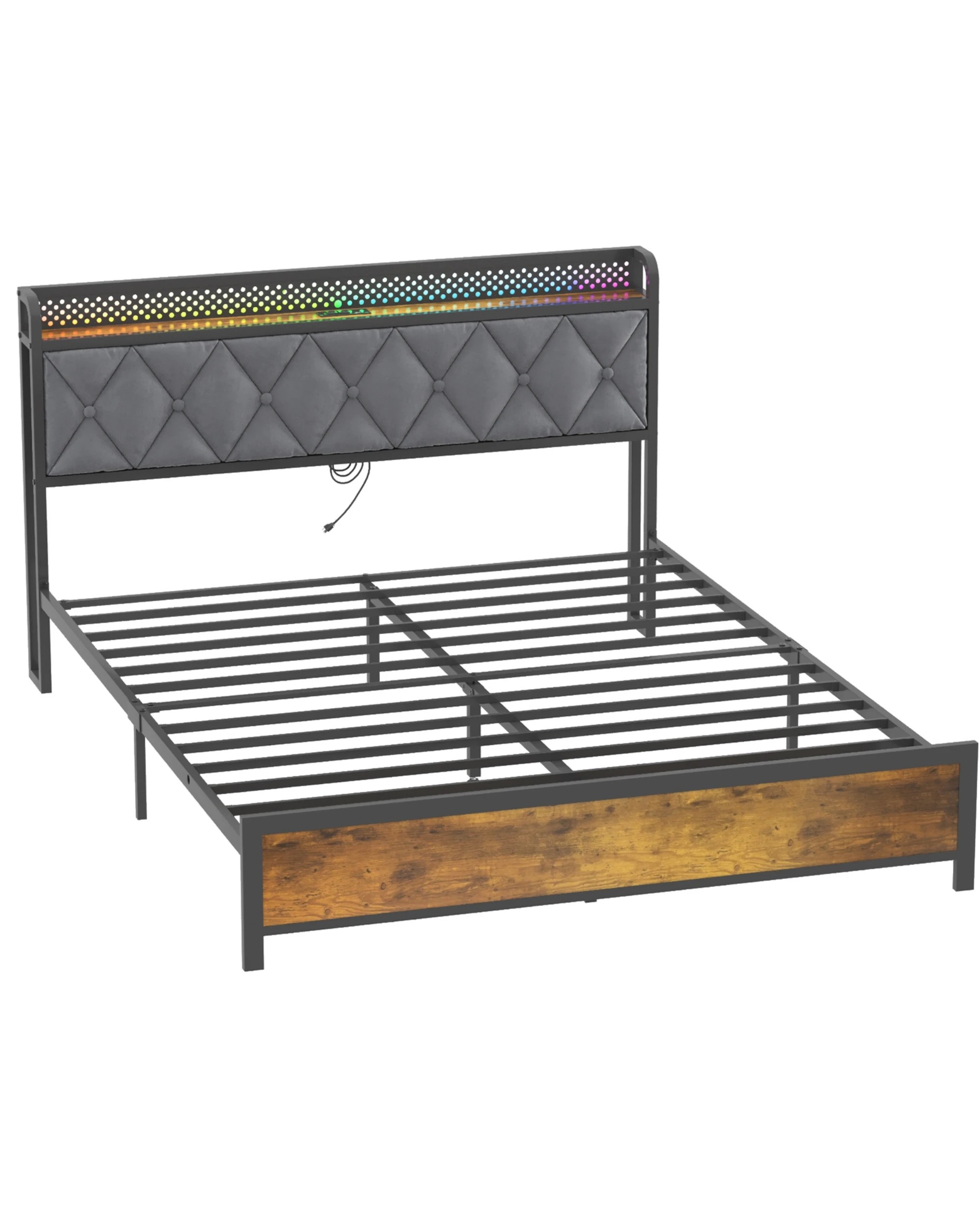 1 Advwin Double Bed Frame With Rgb Led Lights And Charging Station Storage Headboard Shelf, 1 of 7