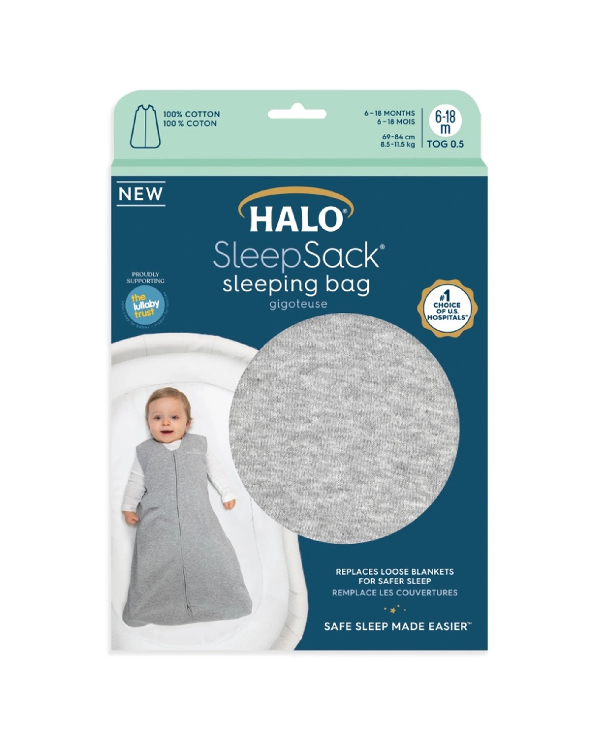 3 Halo Sleepsack Infant Cotton Bedding 0.5 Tog Sleeveless Hip Heather - Grey, 3 of 6