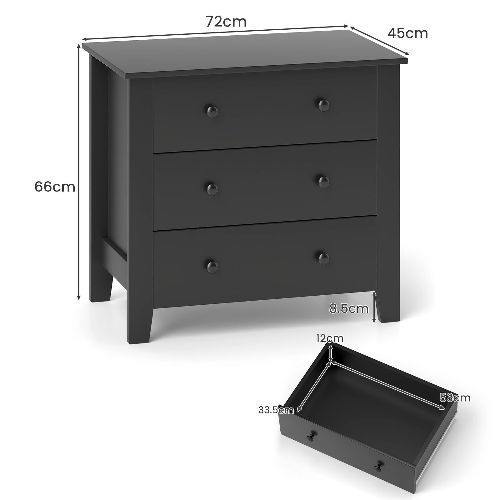 4 Costway 3 Chest of Drawers Storage Dresser Nightstand Wood Bedside Table - Black, 4 of 4