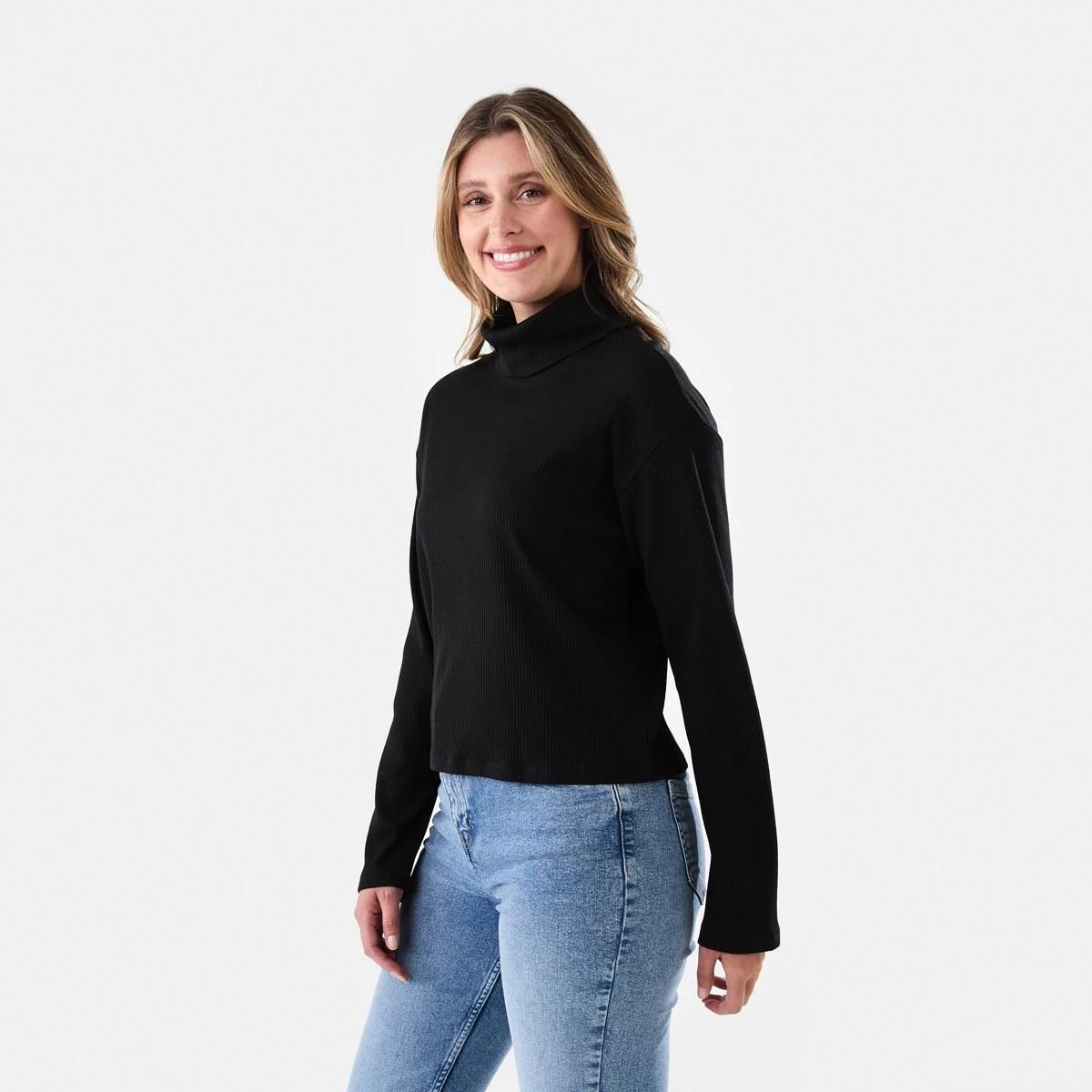 2 Long Sleeve Rib Turtleneck Top Black, 2 of 5