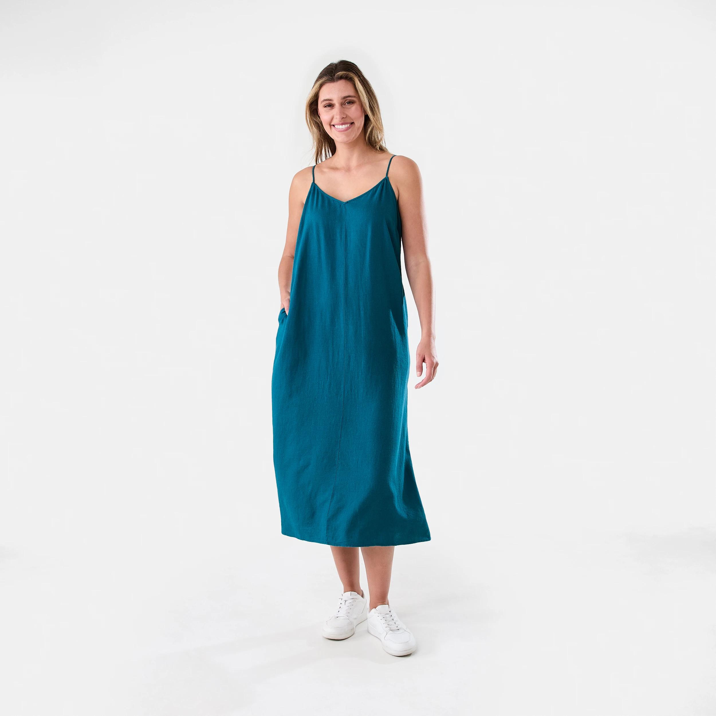 1 Sleeveless V-Neck Linen Blend Midi Dress Teal Coral, 1 of 6