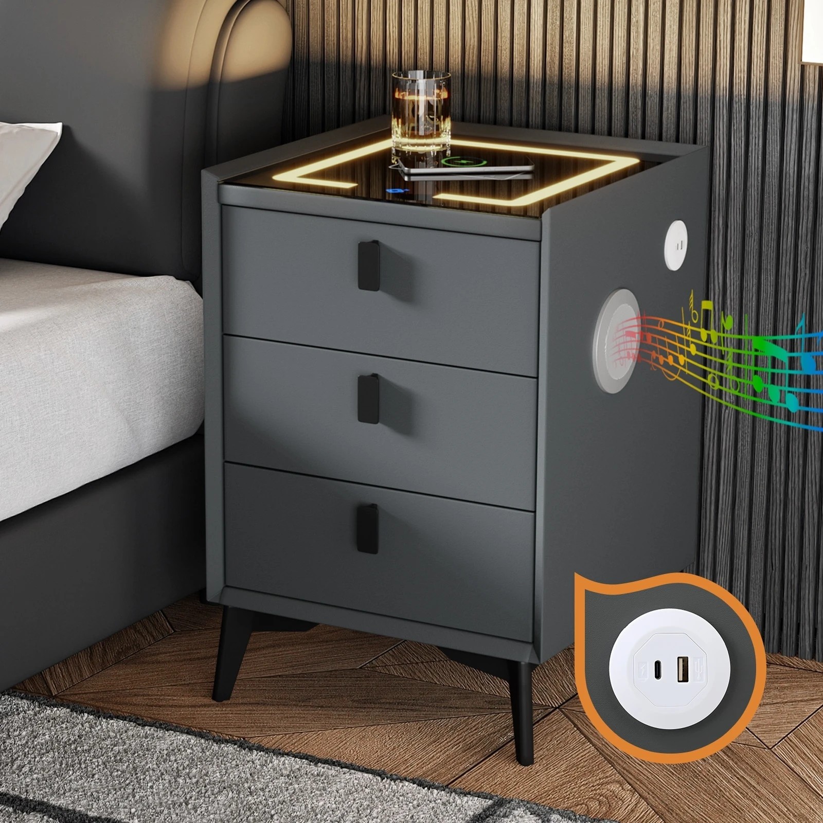 7 Oikiture Set of 2 Smart Bedside Tables Wireless Charging LED Lights 3 Drawers - Grey, 7 of 7