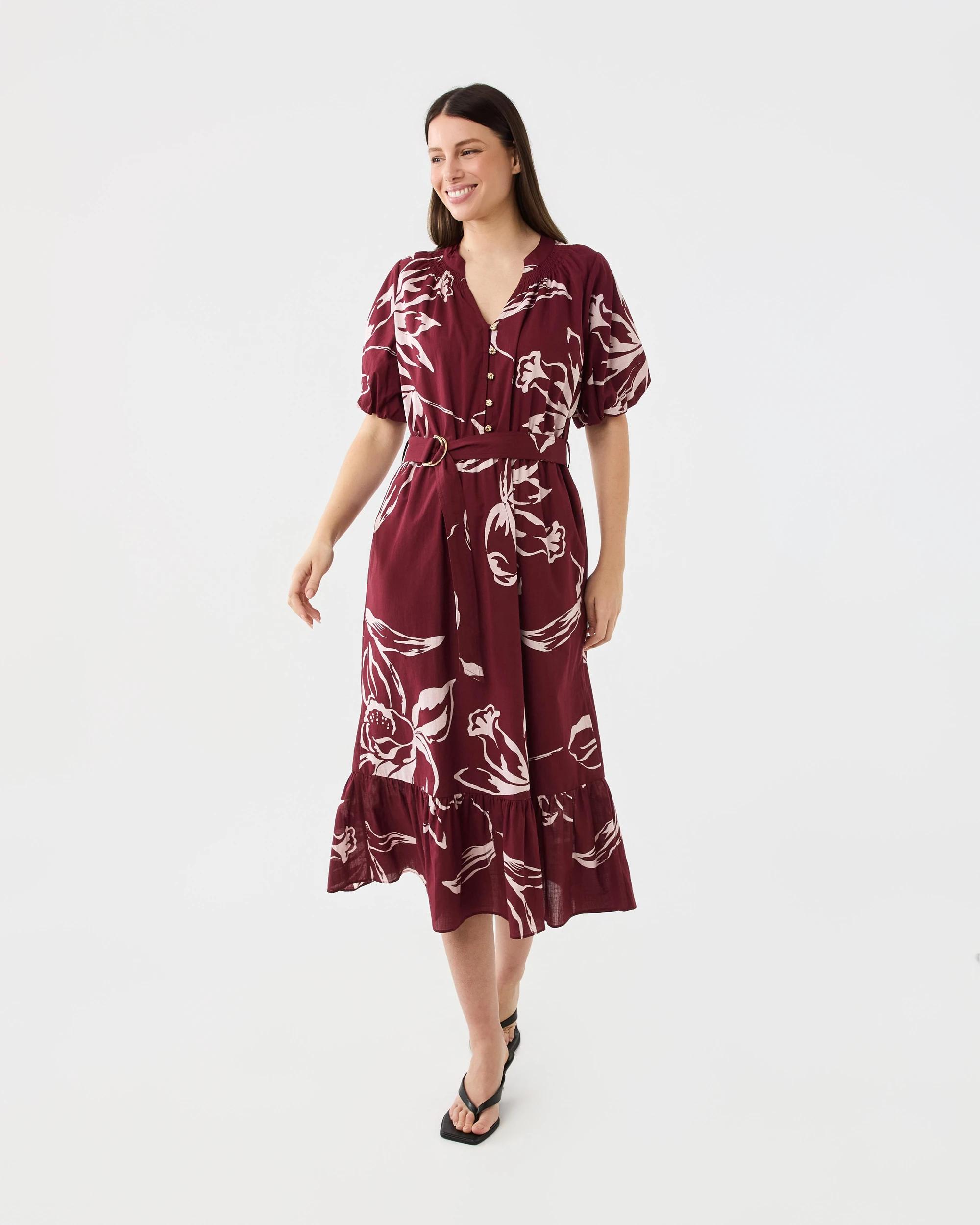 1 Short Sleeve Woven Belted Midi Dress Flrl Cran, 1 of 8