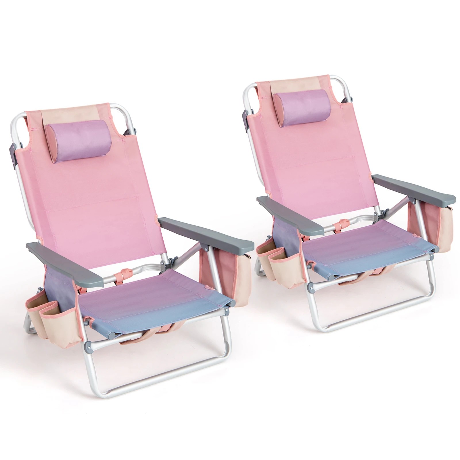 1 Costway 2x Folding Beach Chair 5-Position Adjustable Reclining Chair w/Headrest Pink Purple Gradient, 1 of 1