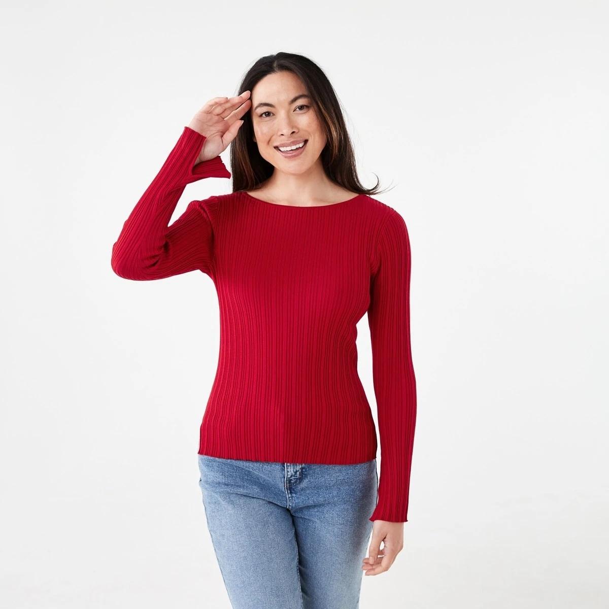 1 Long Sleeve Rib Boat Neck Top Cherry Red, 1 of 6