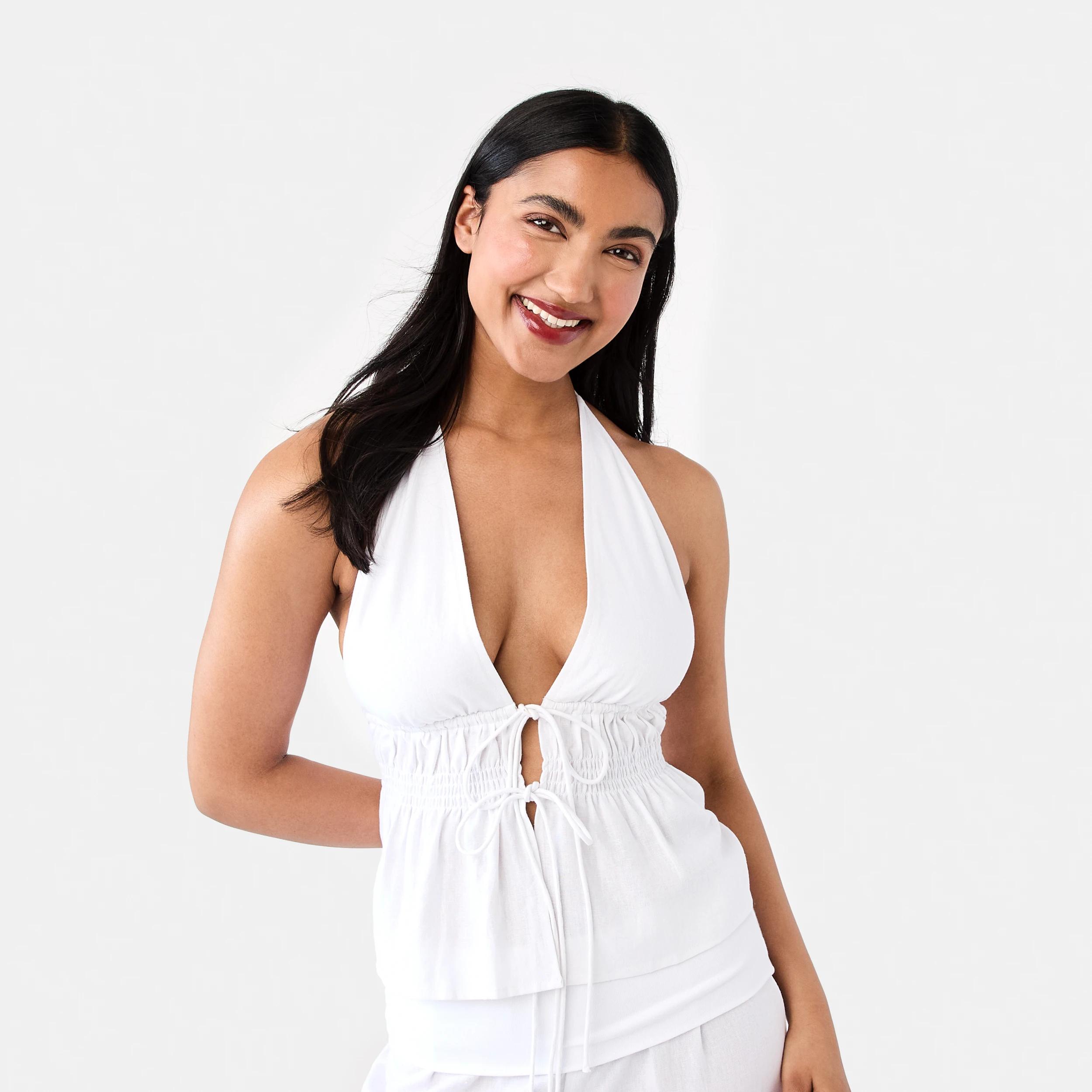 1 Linen Blend Tie Front Halter Neck Top White, 1 of 7