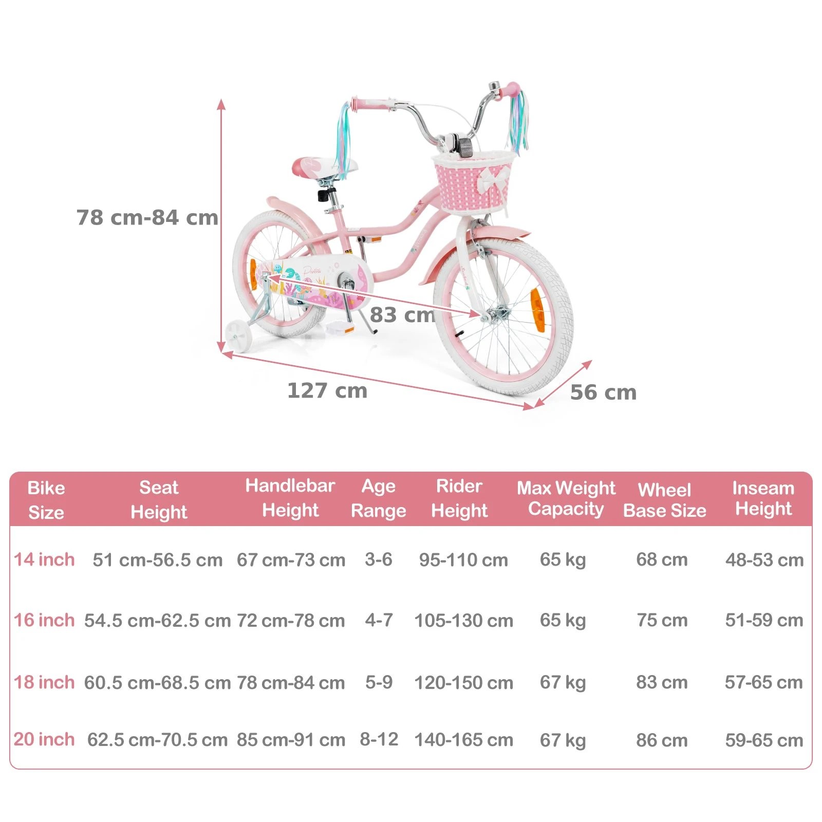 2 Costway 46cm Kids Bike Adjustable Seat Bicycle Mermaid Children Balance Bike w/Training Wheels - Pink, 2 of 3