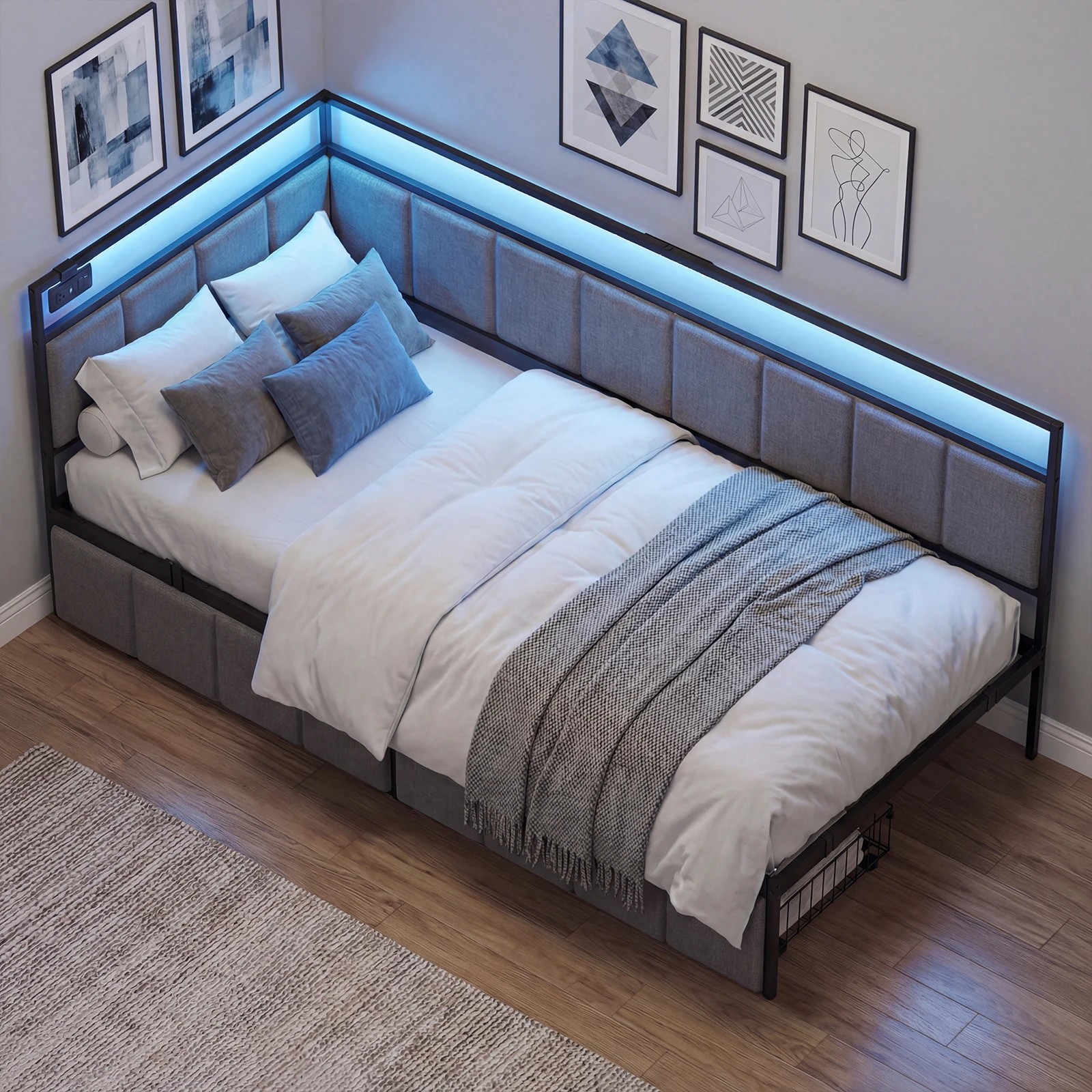 10 Advwin Single Corner Bed Frame with Charging Station and LED Light - Grey, 10 of 10