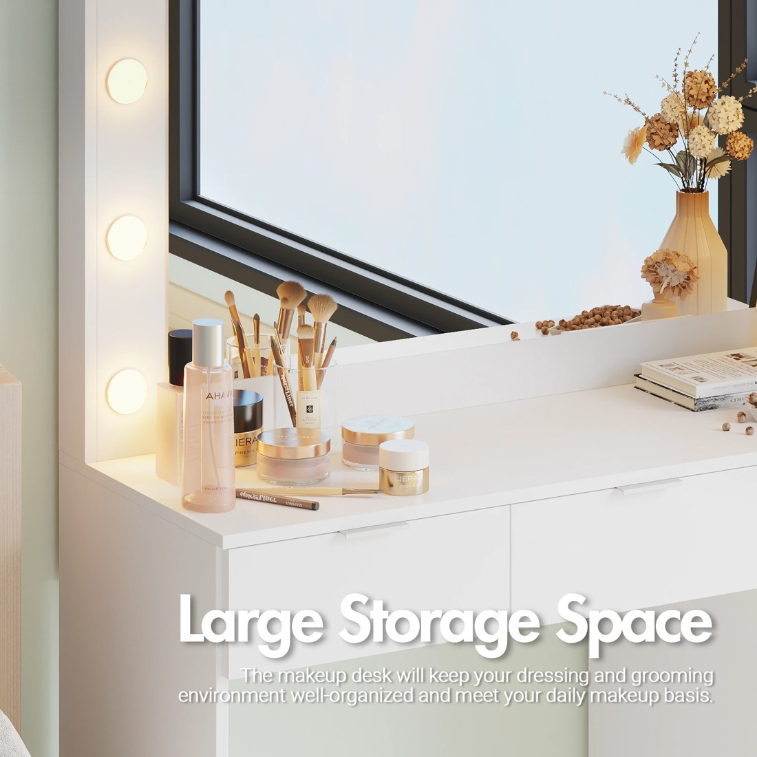 5 Advwin Dressing Table Stool Set With Mirror 12 Led Bulbs Vanity Desk
 - White, 5 of 10