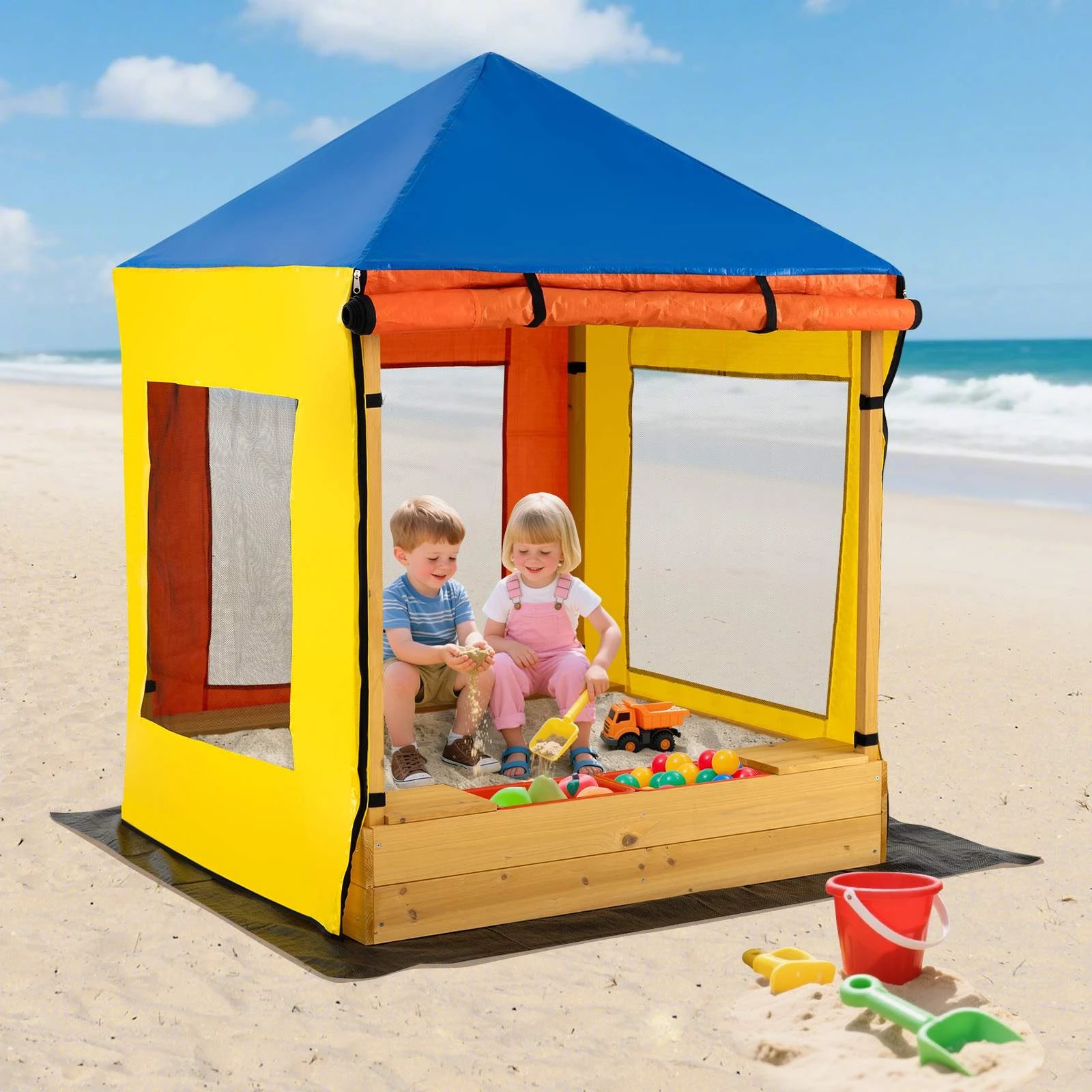 2 Costway Fir Wood Sandpit w/Canopy Bench Seats Roll-up Door Curtains Sandbox - Multi, 2 of 3