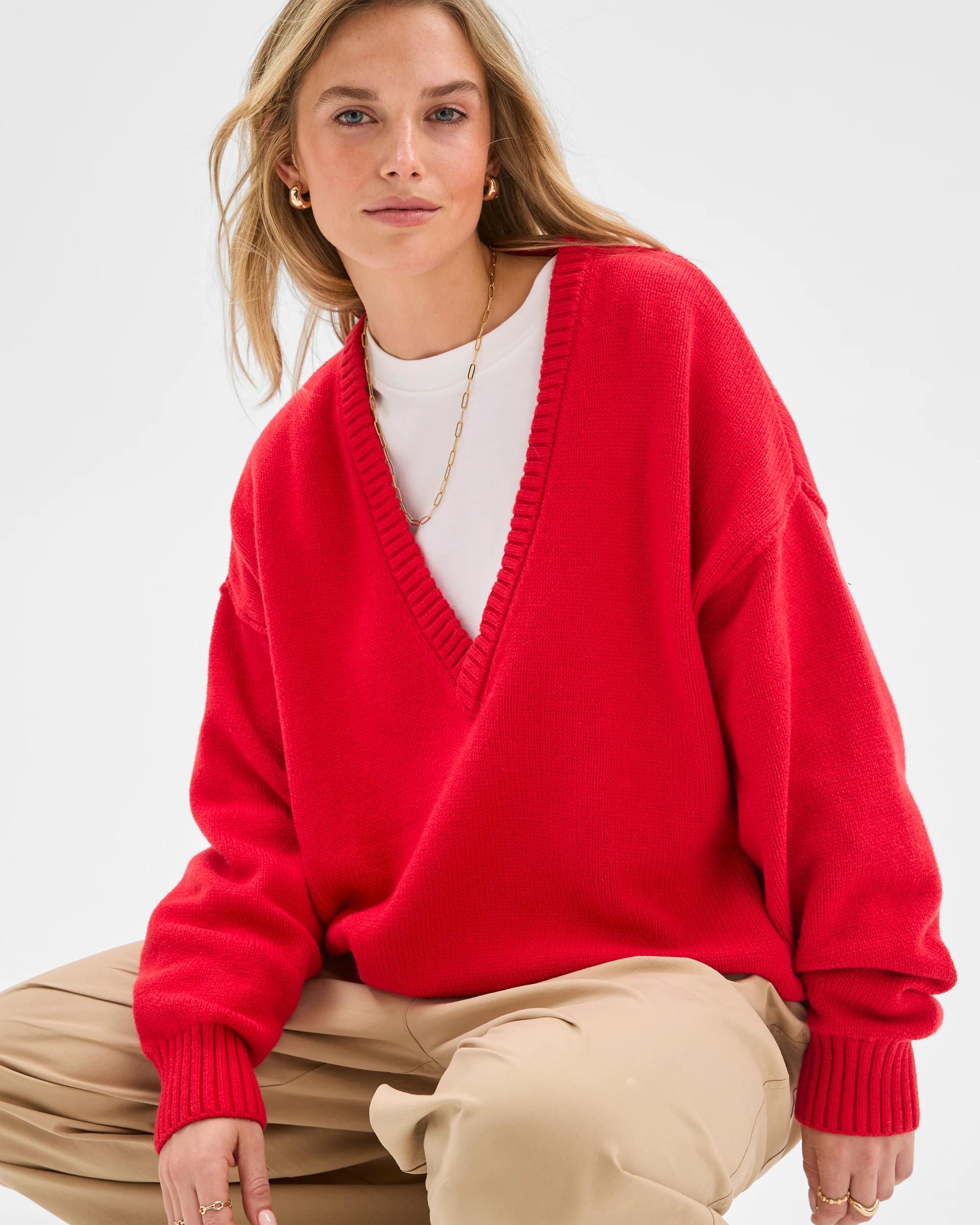 3 Lily Loves Australian Cotton Blend Deep V-Neck Jumper FLAME, 3 of 7