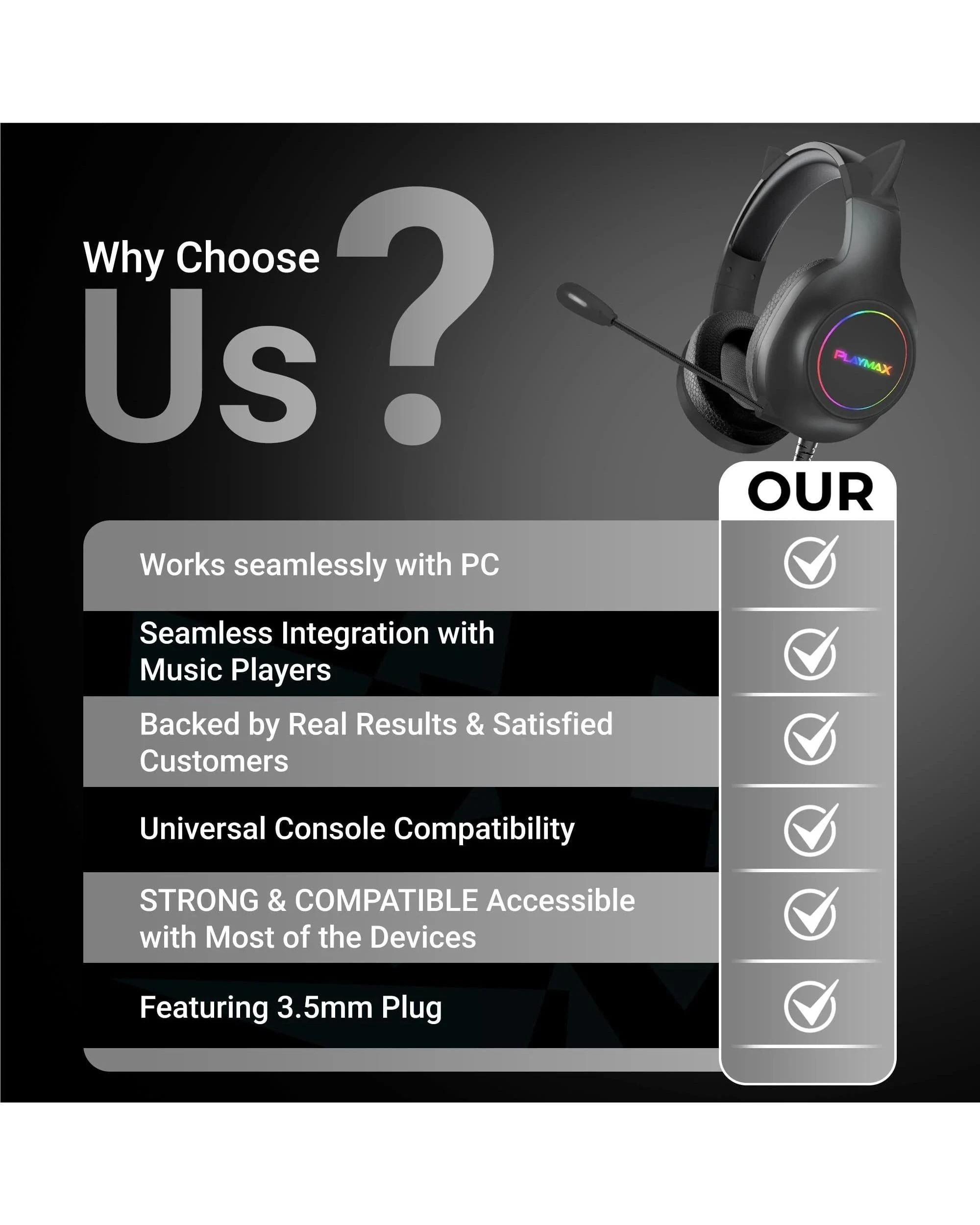 5 Playmax Cat Ear RGB Headset Universal Gaming Headset - Black, 5 of 5