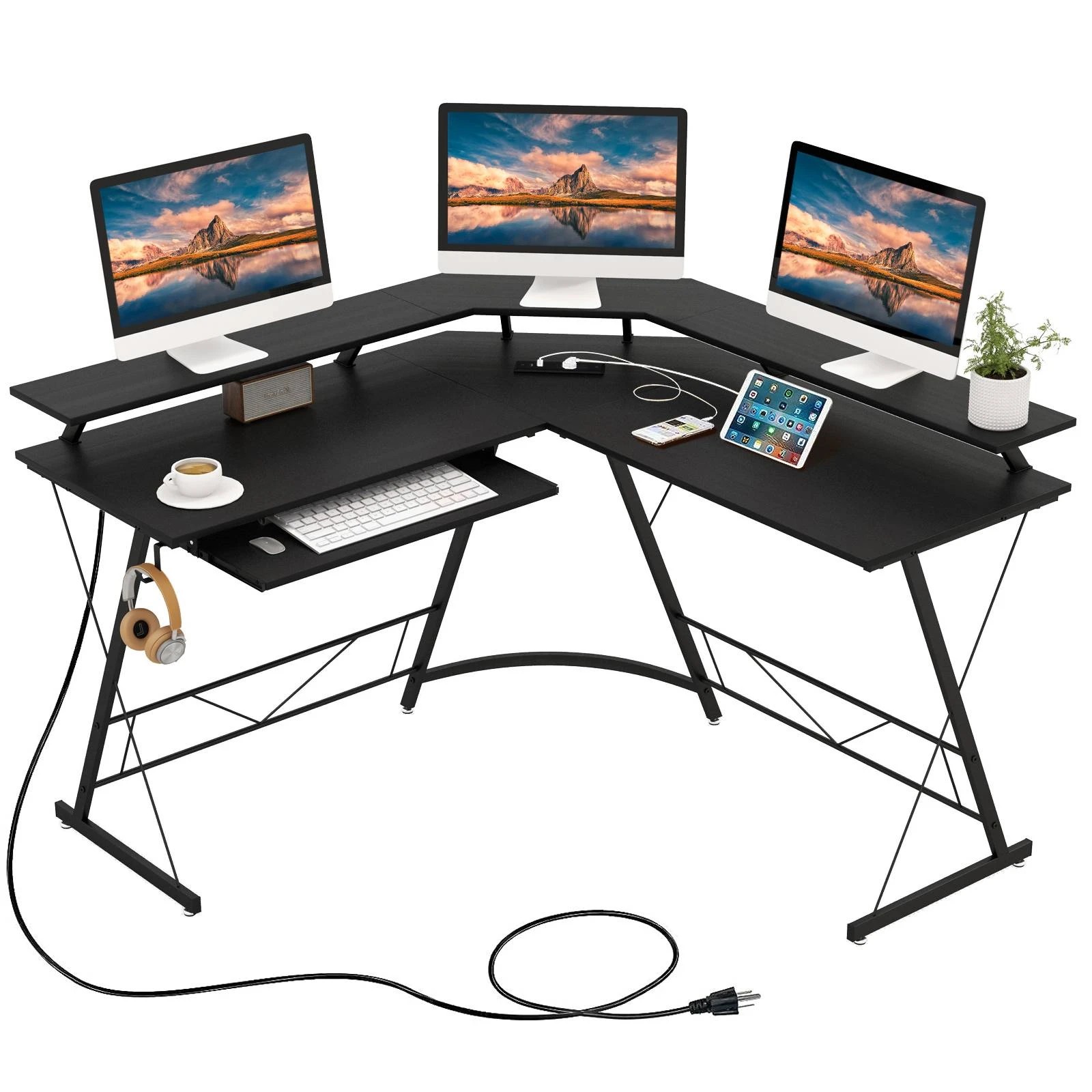 4 Costway L-Shaped Office Computer Desk Reversible Study Writing Table w/Keyboard Tray - Black, 4 of 4