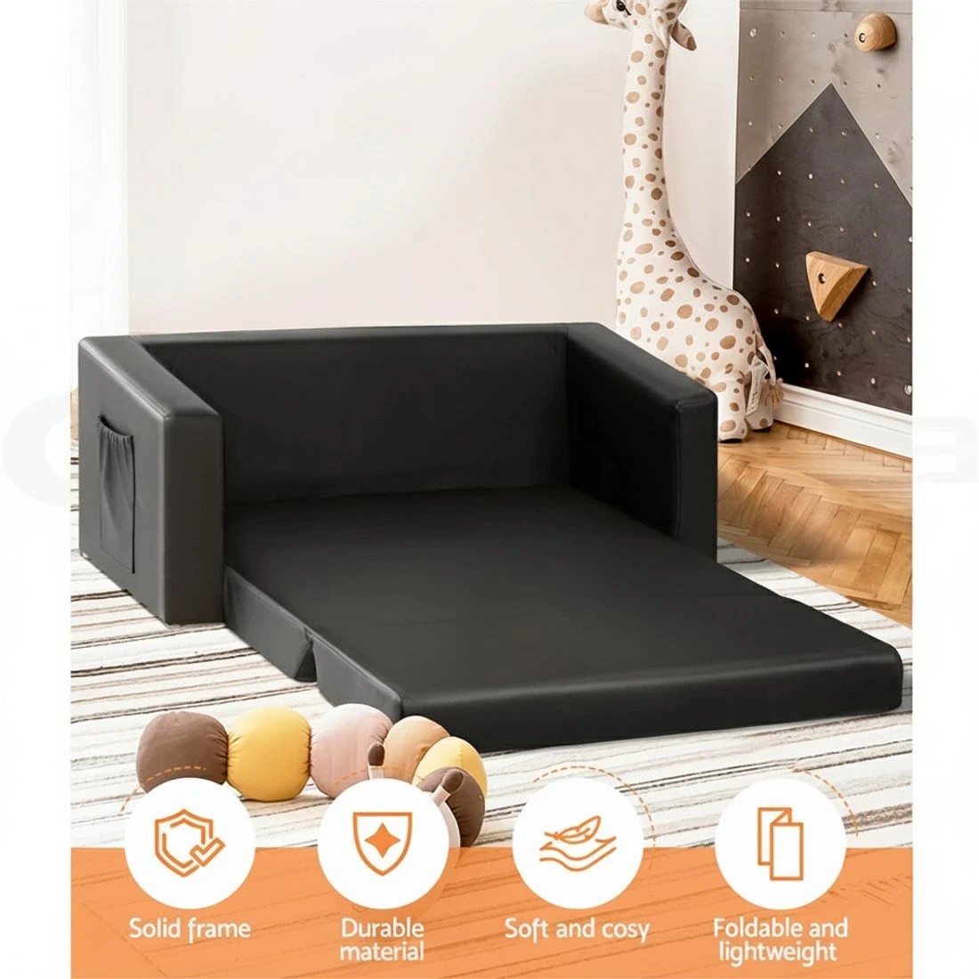 3 Keezi Kids Sofa 2 Seater Children Flip Open Couch PU Leather Armchair - Black, 3 of 5