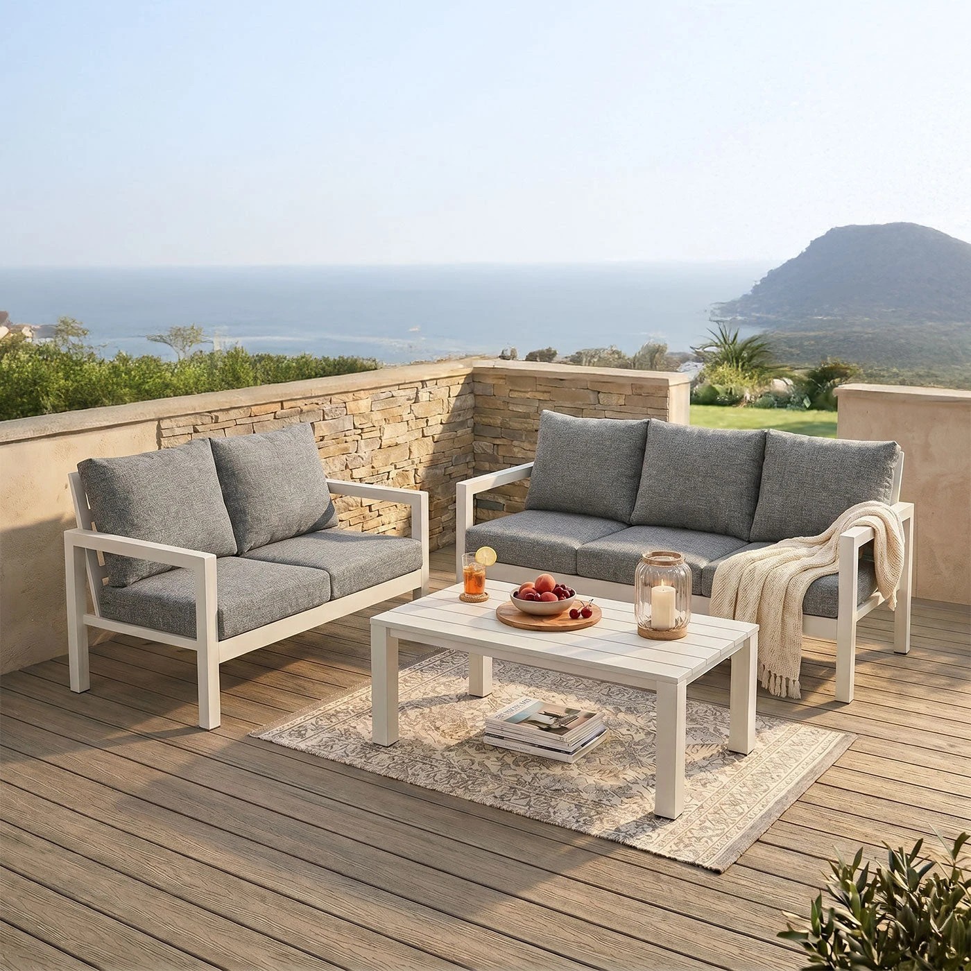 2 Moda Living Manly 3+2 Seater White Aluminium Sofa Lounge Suite Set - Textured Grey Cushions - White, 2 of 10