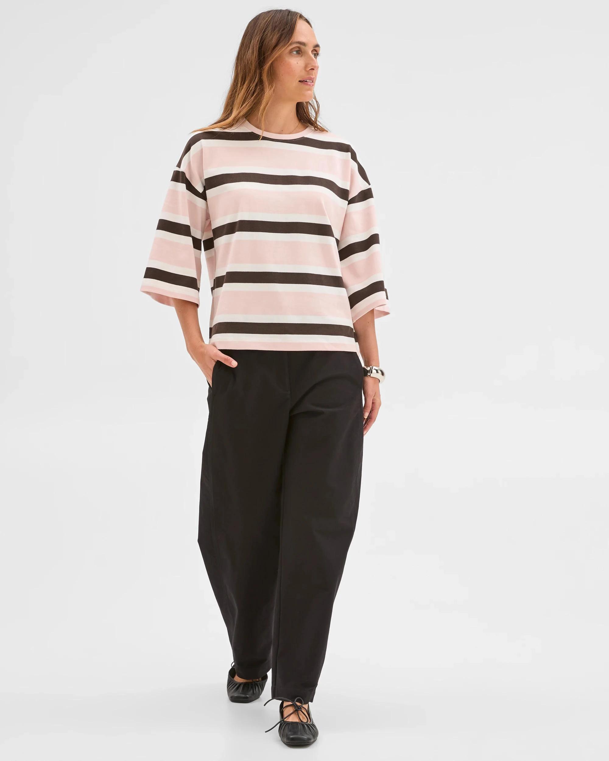 1 Target Woman Australian Cotton 3/4 Length Wide Sleeve Boxy T-Shirt PALE ROSE/BLACK COFFEE/CLOUD DANCER, 1 of 7