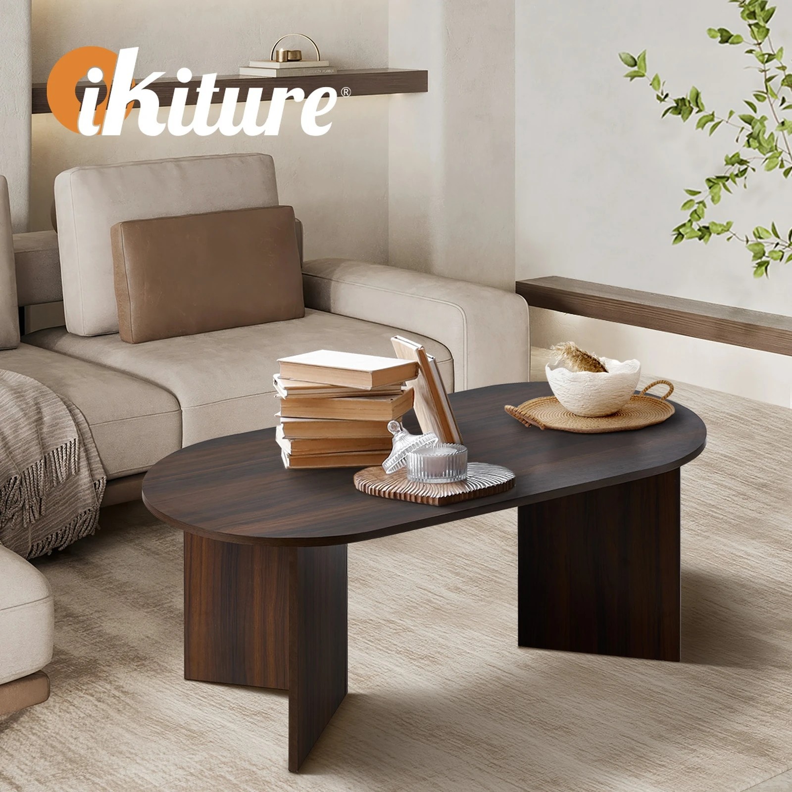 5 Oikiture Coffee Table Sofa End Table Oval Side Cafe Desk Timber
 - Brown, 5 of 10