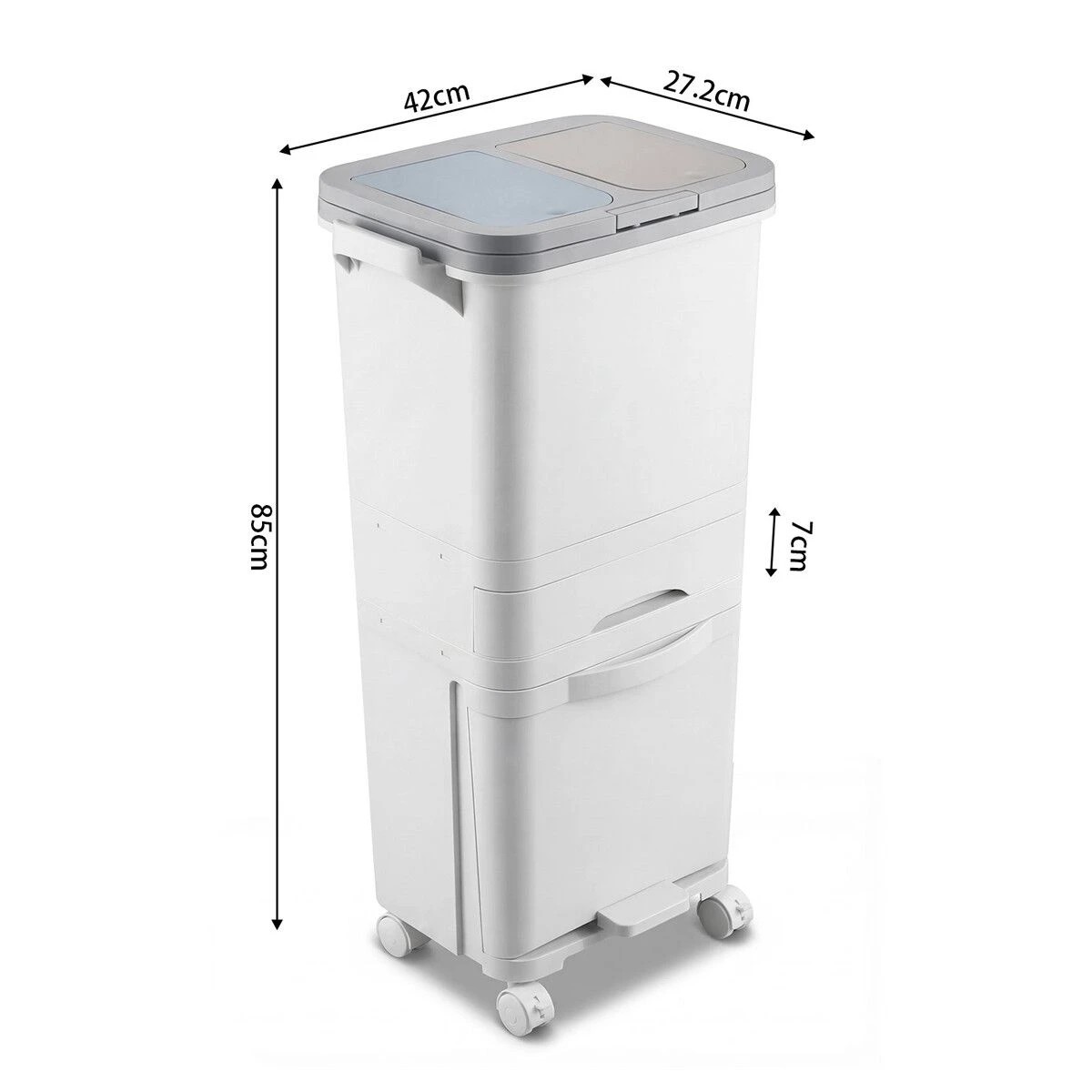 2 Ausway 42L 3 Tier Rubbish Recycling Bin with Wheels 3 Compartment Kitchen Waste Sorter Removable Buckets, 2 of 3