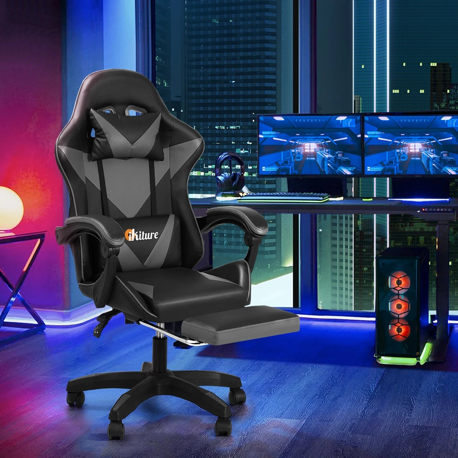 4 Oikiture Gaming Chair Massage Racing Recliner Office PU Leather with Footrest - Multi, 4 of 6