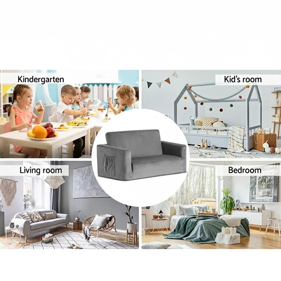 5 Keezi Kids Sofa 2 Seater Children Flip Open Couch Velvet Armchair - Grey, 5 of 5